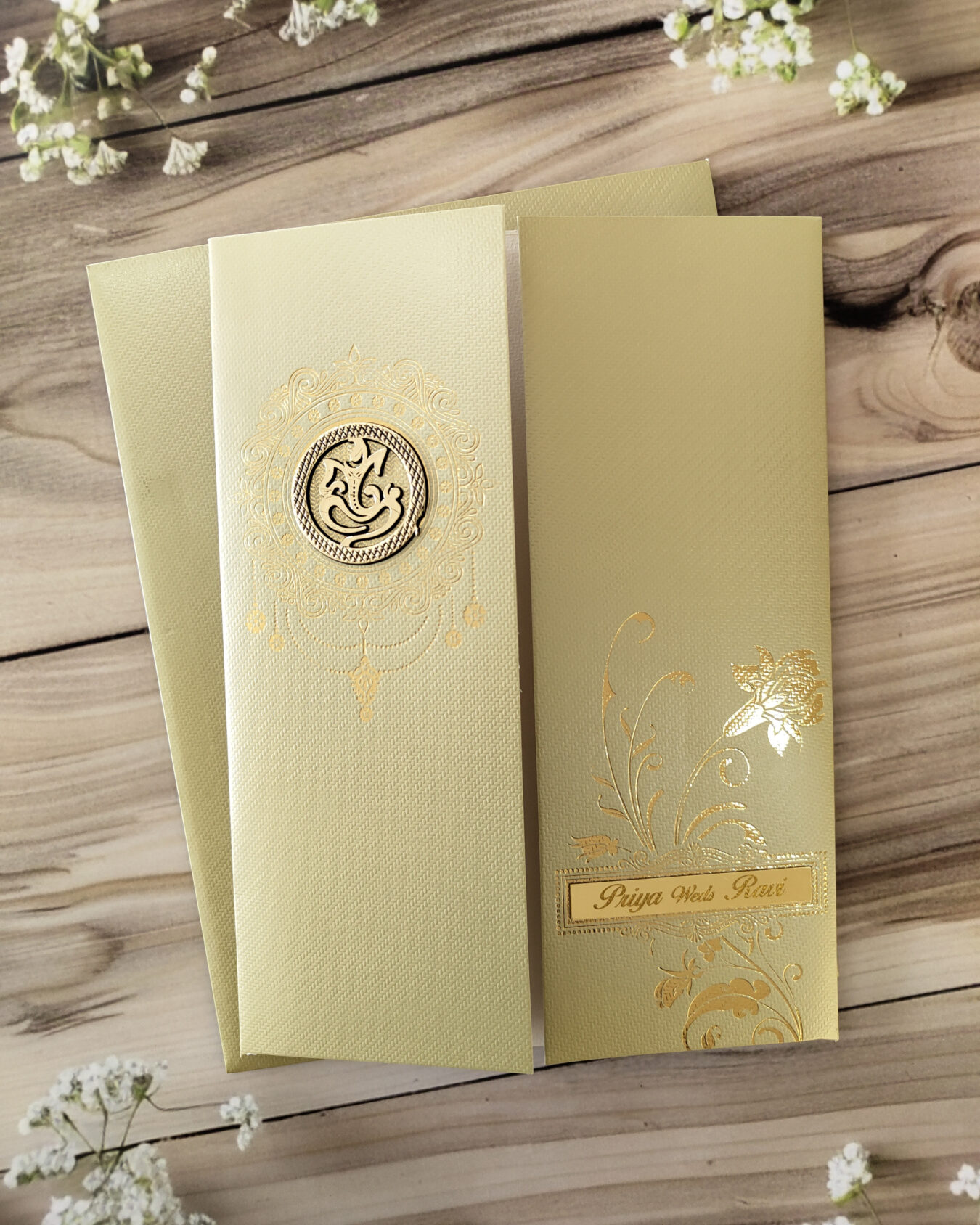 Olive Green Gold-Foiled Wedding Invitation Card with Acrylic Nameplate & Matching Envelope