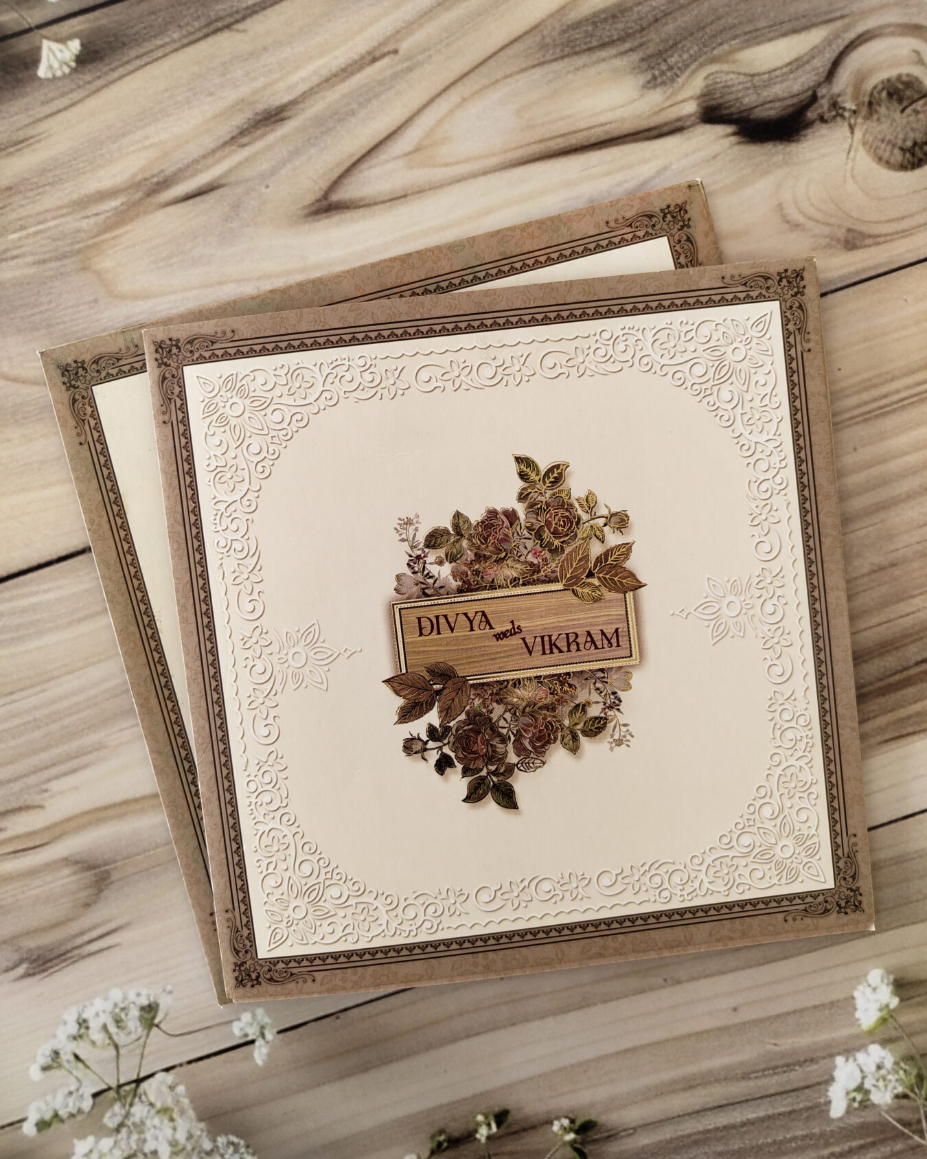Brown Floral Square Wedding Invitation Card with Matching Envelope