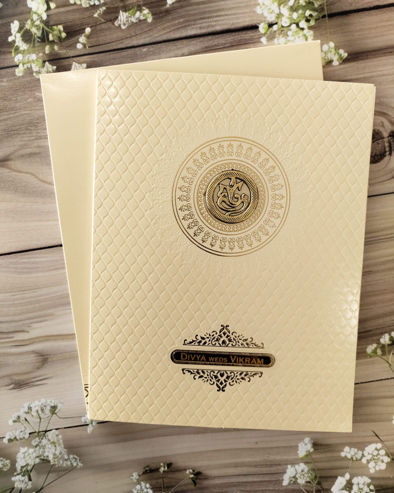 Premium Cream Wedding Invitation Card with Acrylic Nameplate, Customizable Emblem, and Matching Envelope