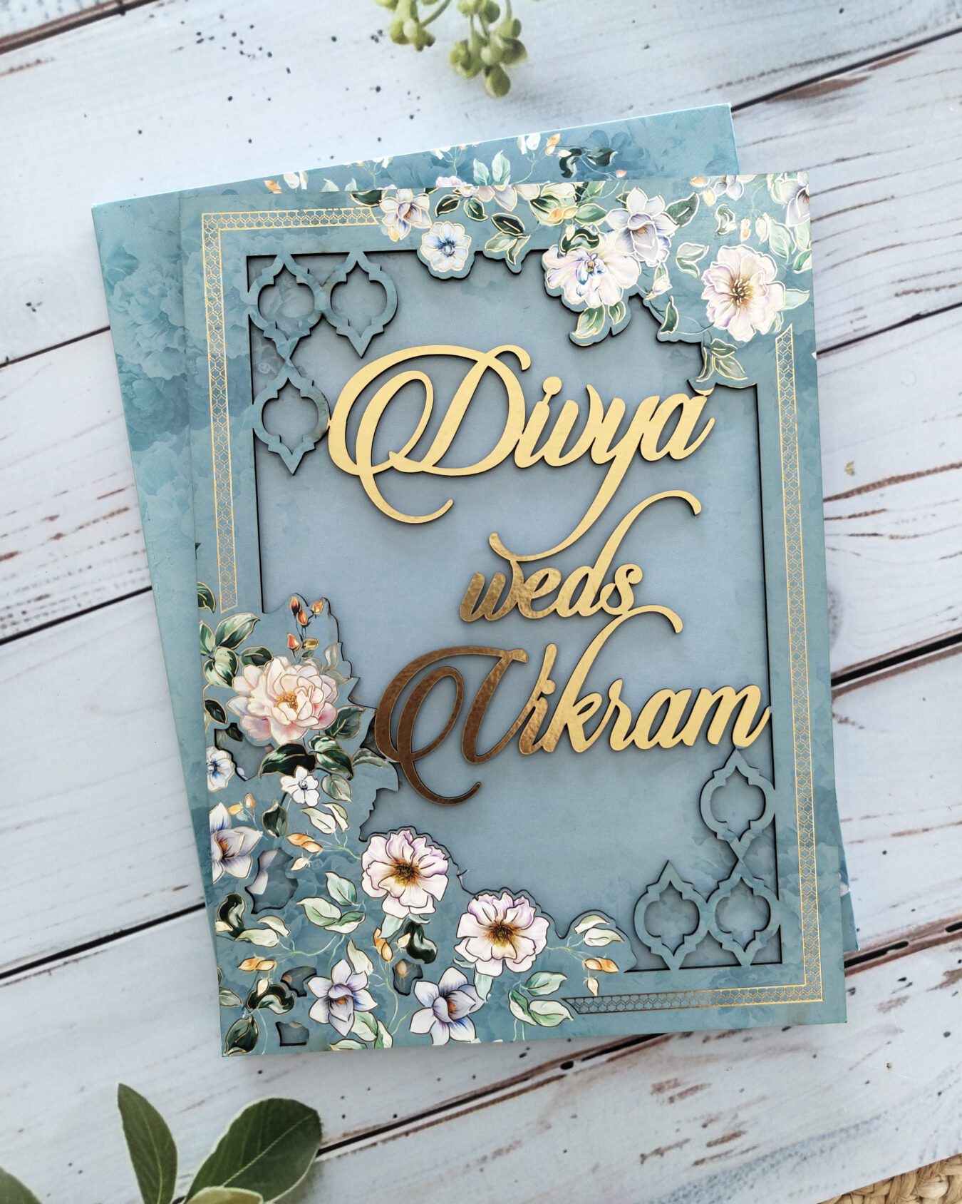 Premium Blue MDF Laser-Cut Floral Frame Wedding Invitation Card with Elegant Matching Floral Envelope