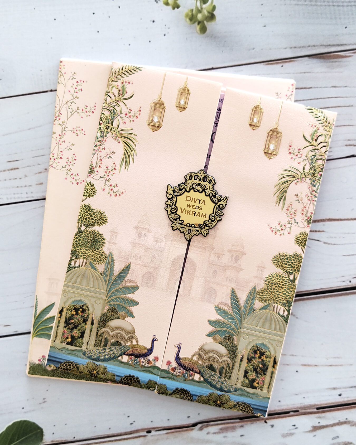 Luxury Pale Pink Botanical Door-Style Wedding Card with Acrylic Nameplate & Matching Envelope