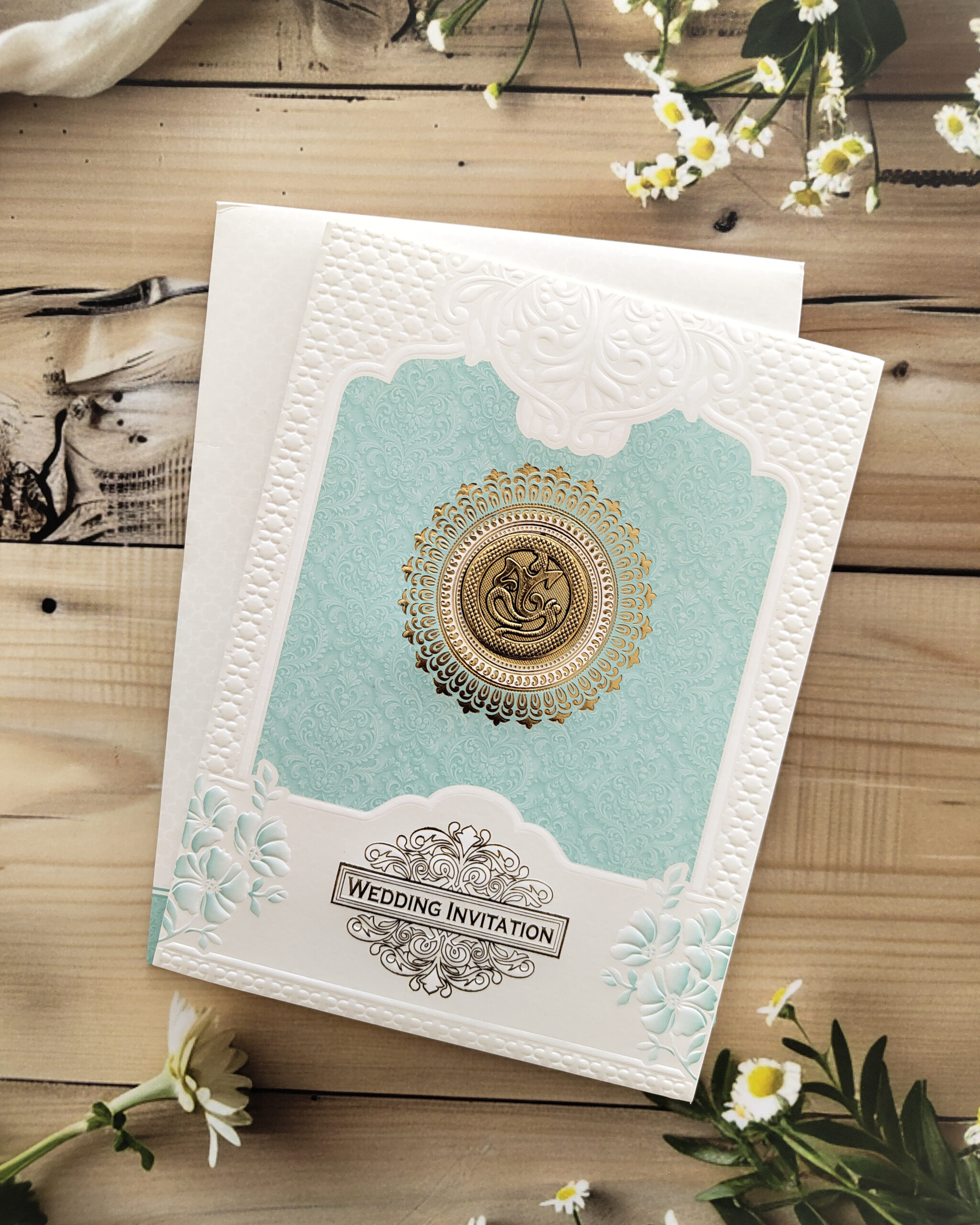 Elegant Blue and White Mandala Wedding Invitation Card with Matching Envelope