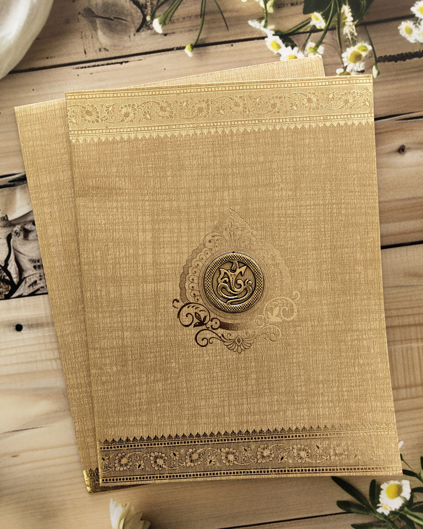 Brown Gold-Foiled Wedding Invitation Card with Customisable Emblem & Matching Envelope