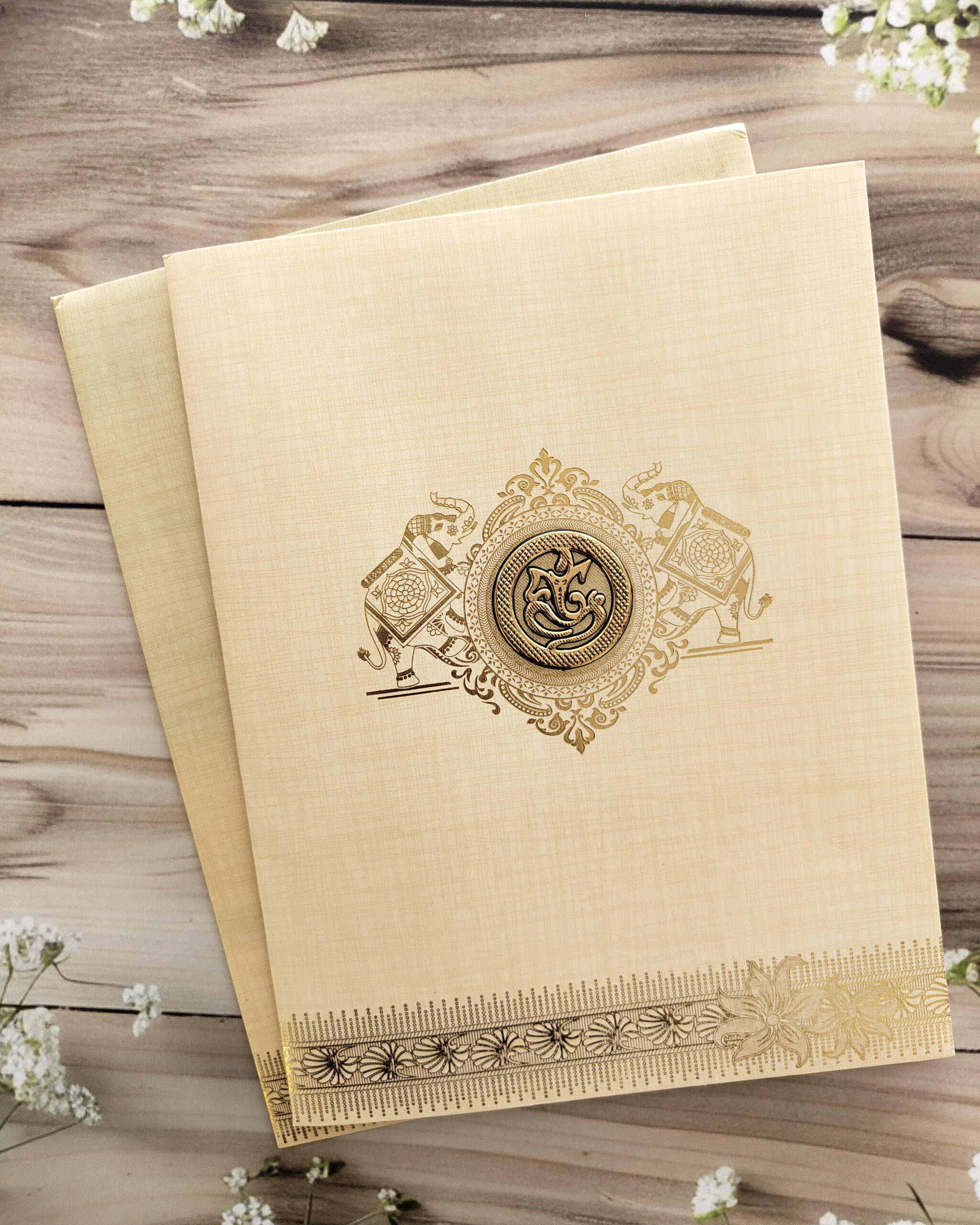 Sandal Wedding Invitation Card with Gold-Foiled Elephant, Customisable Emblem & Matching Envelope