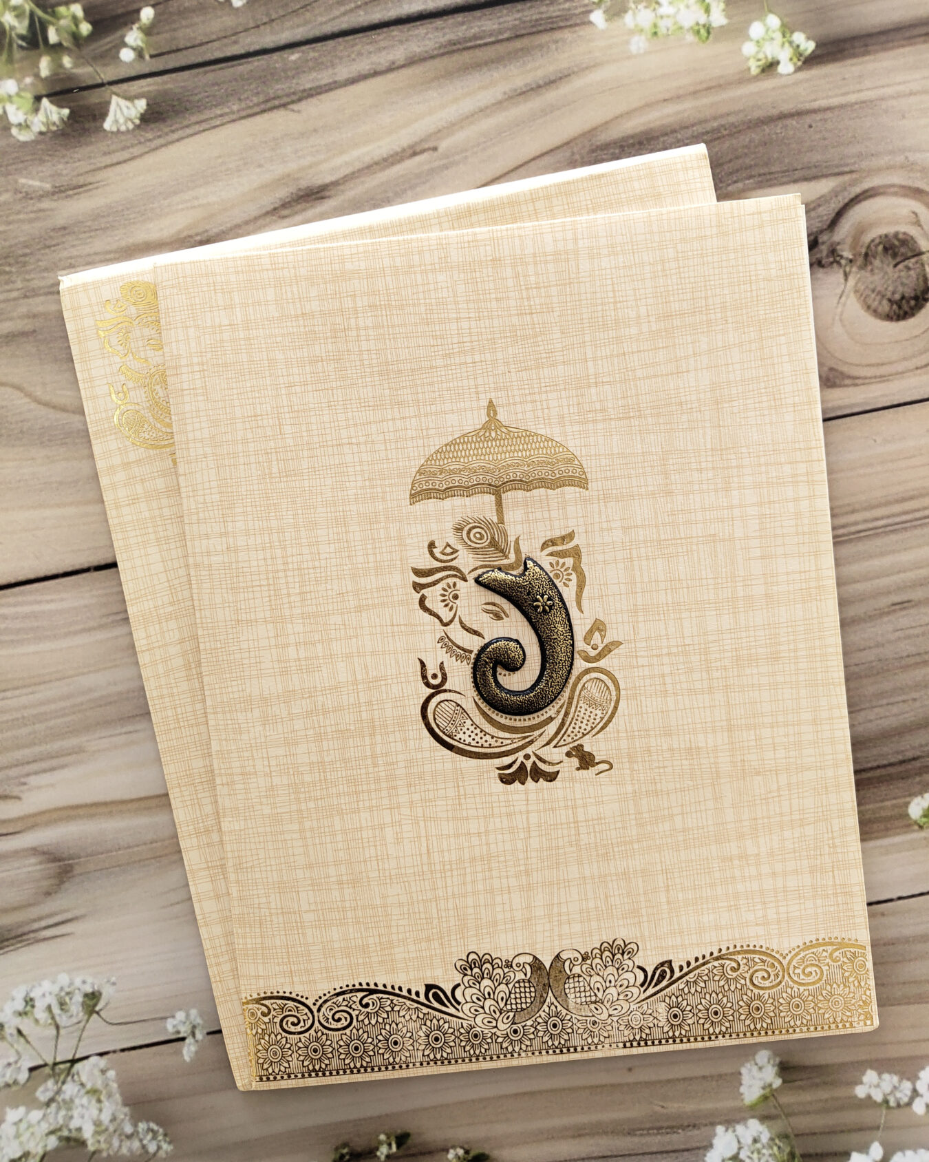 Sandal Ganesha Wedding Invitation Card with Customisable Emblem & Matching Envelope