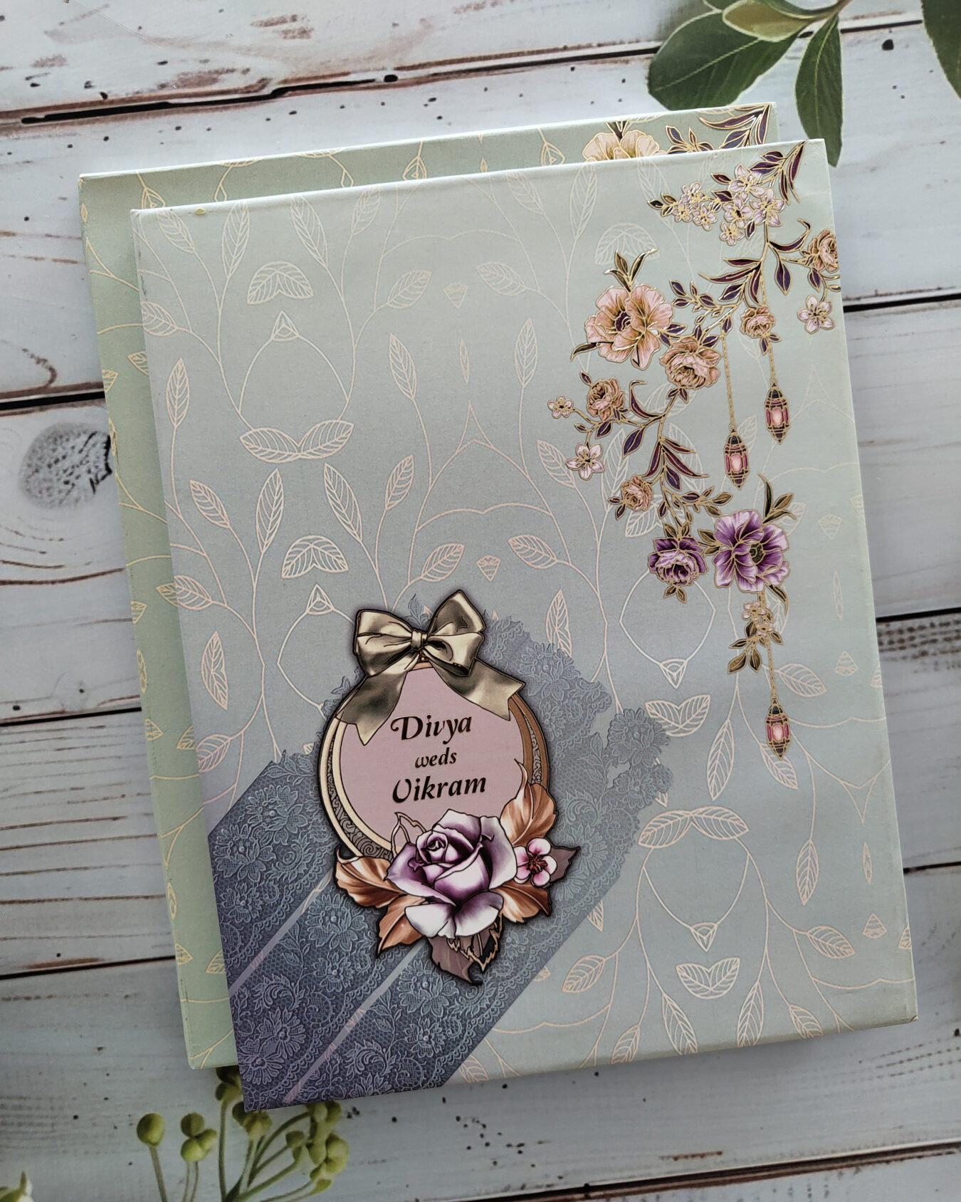 Luxury Light Blue Floral Scodix Wedding Invitation Card with Matching Envelope