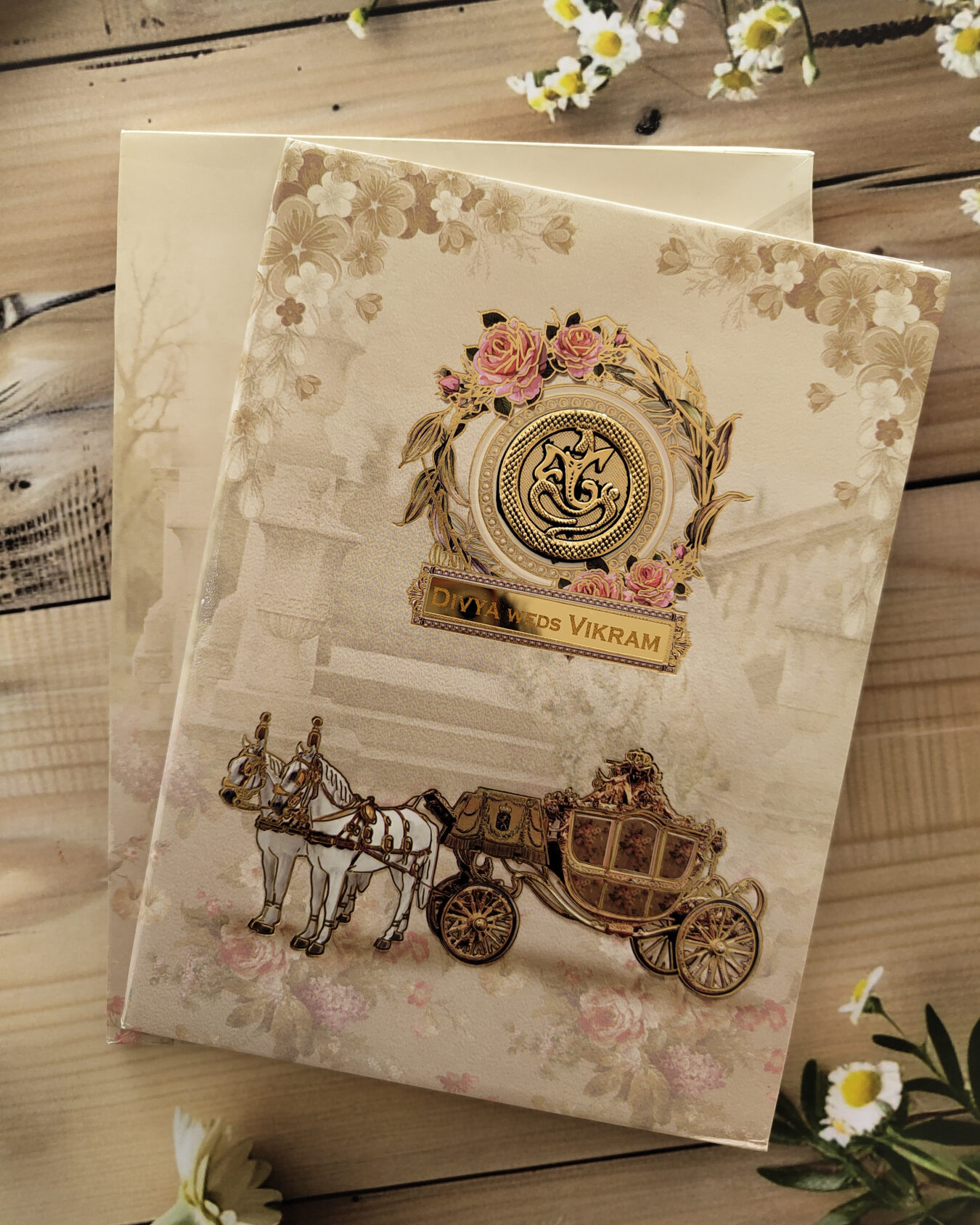 Beige Ganesha Floral Padded Wedding Card with Custom Acrylic Nameplate, Customisable Emblem & Matching Envelope