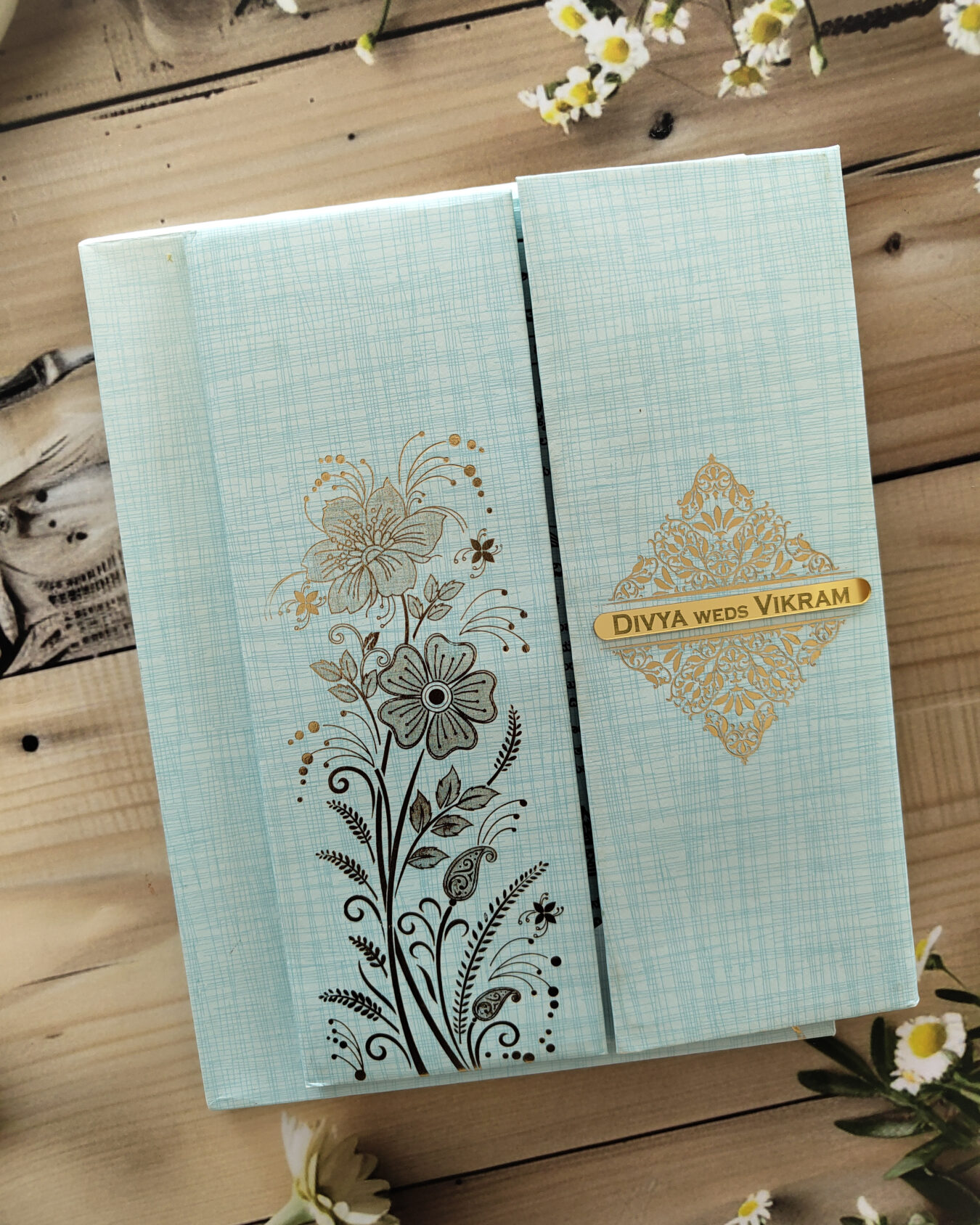 Light Blue Door-Style Padded Wedding Card with Custom Acrylic Nameplate & Matching Envelope