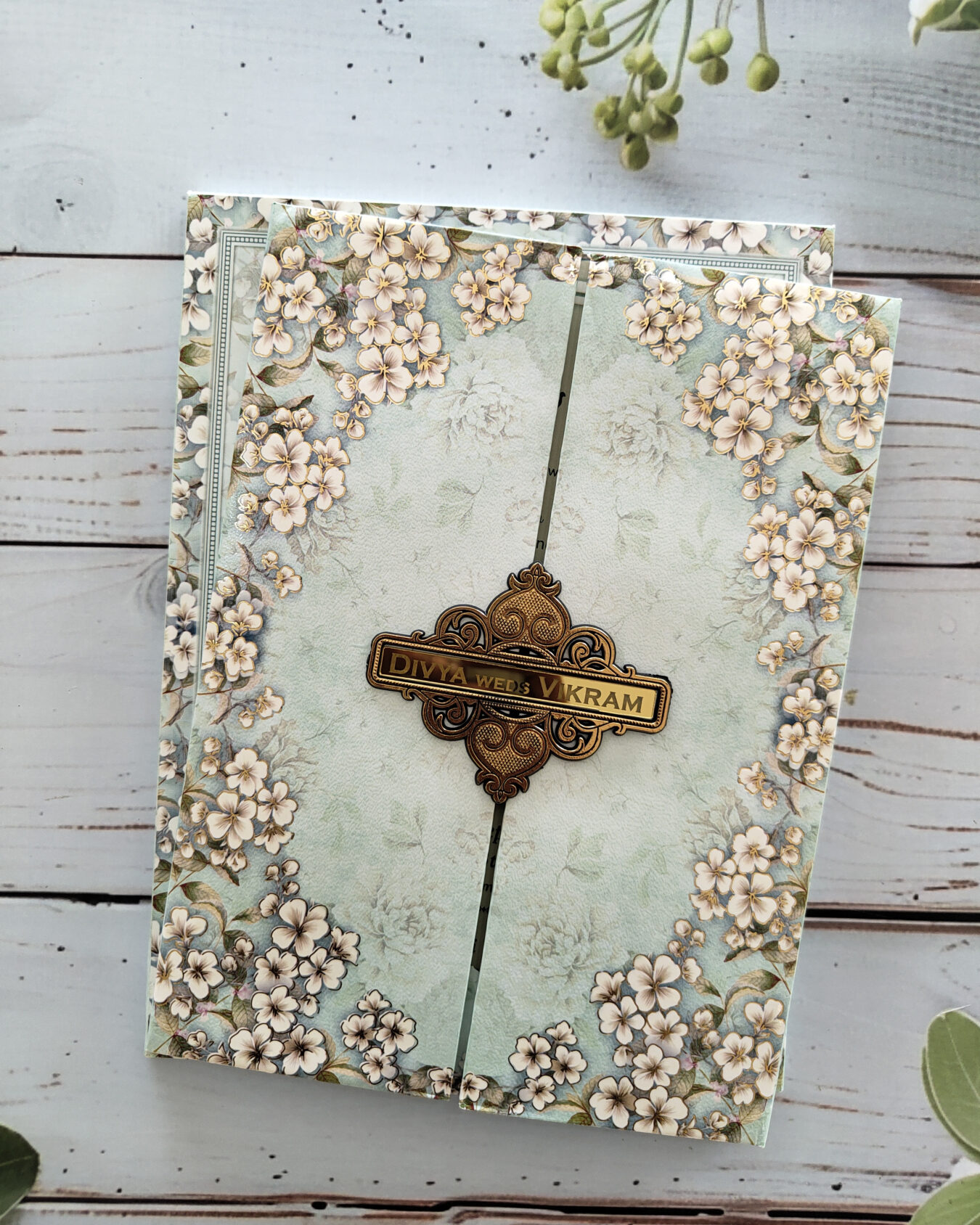 Premium Blue Floral Gatefolded Padded Wedding Invitation Card with Acrylic Nameplate &  Matching Envelope