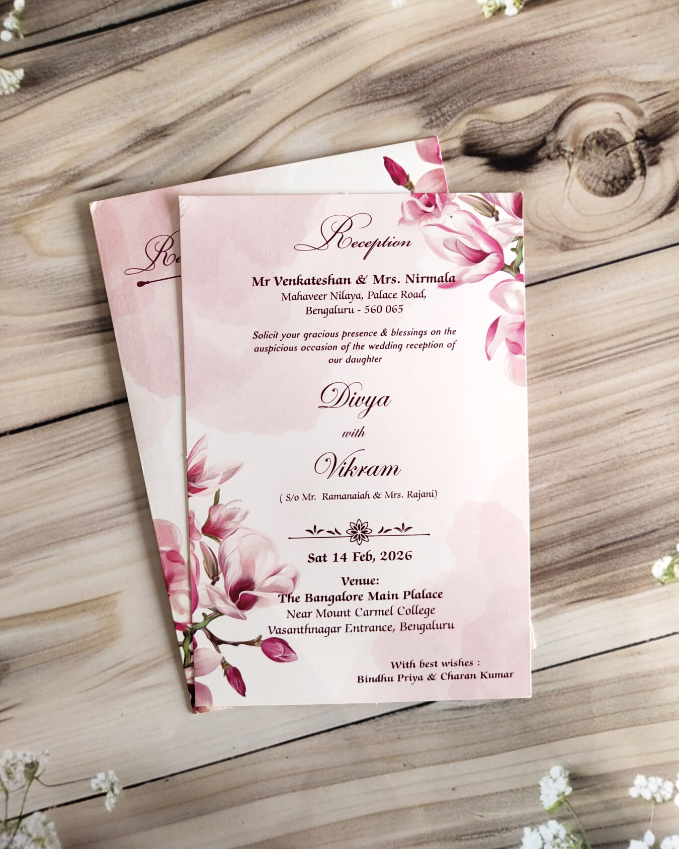 Pastel Pink Floral Wedding Invitation Card with Matching Envelope
