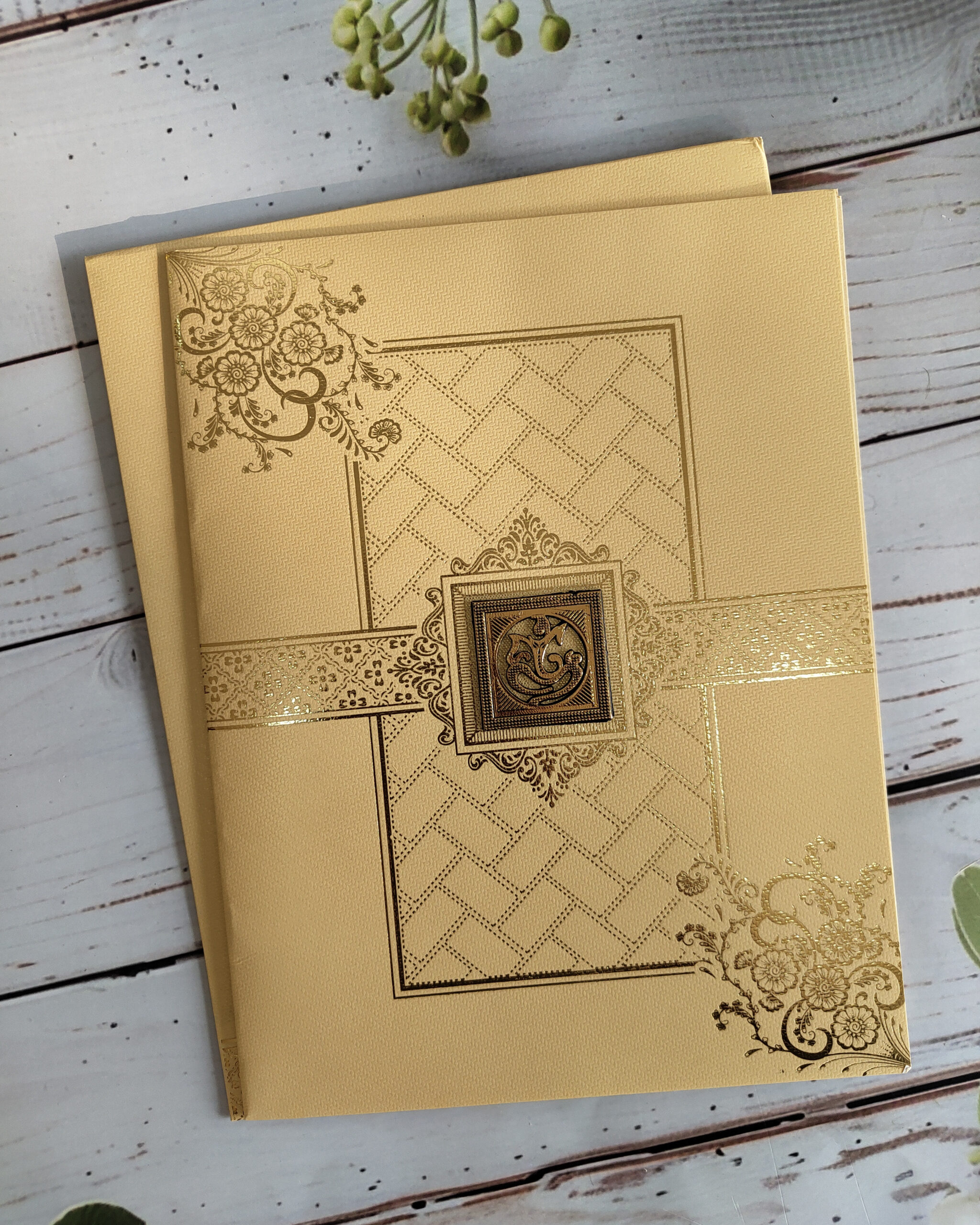 Sandal Gold Floral Wedding Card with Matching Envelope | Customisable Emblem