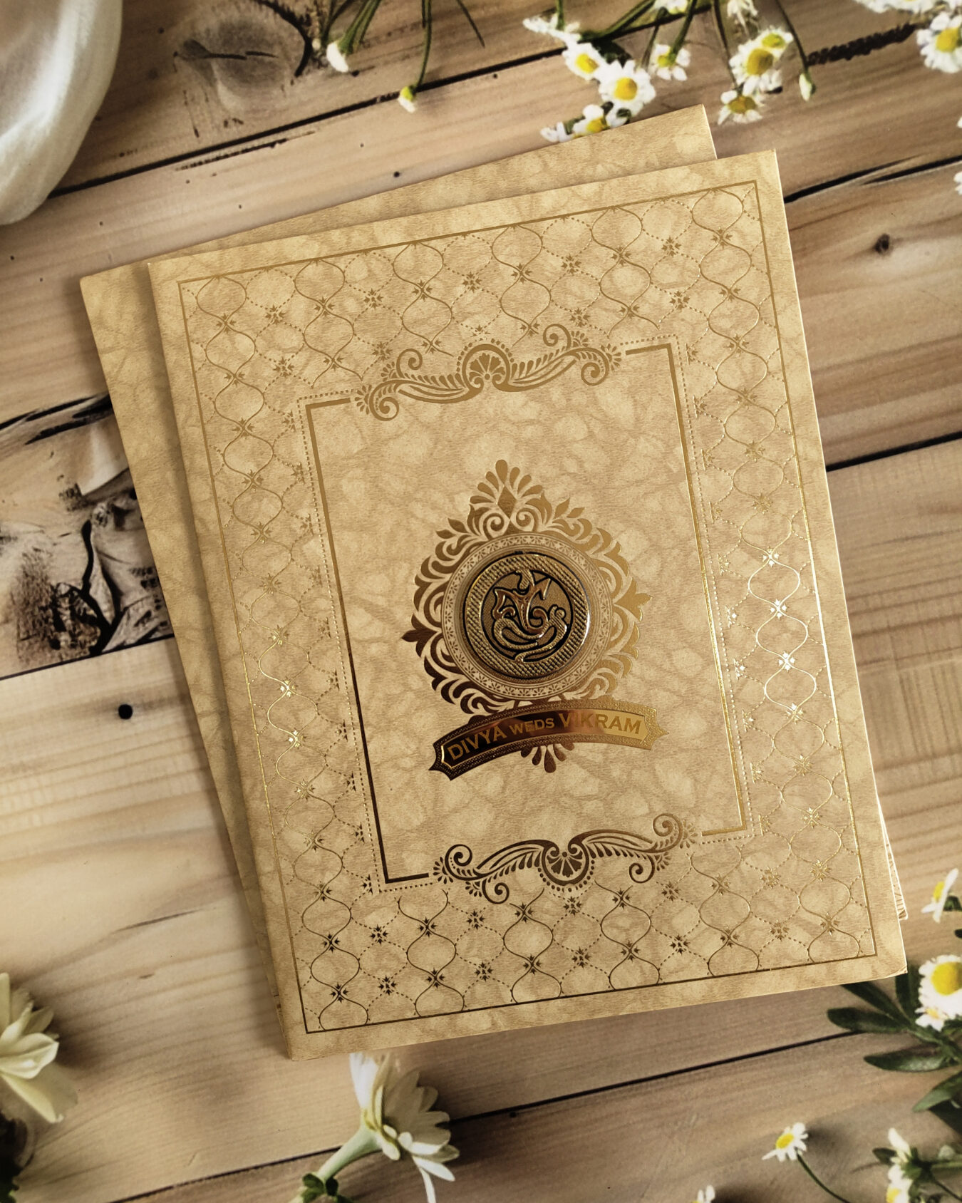 Sandal Gold Ganesha Wedding Card with Acrylic Nameplate & Matching Envelope | Customisable Emblem