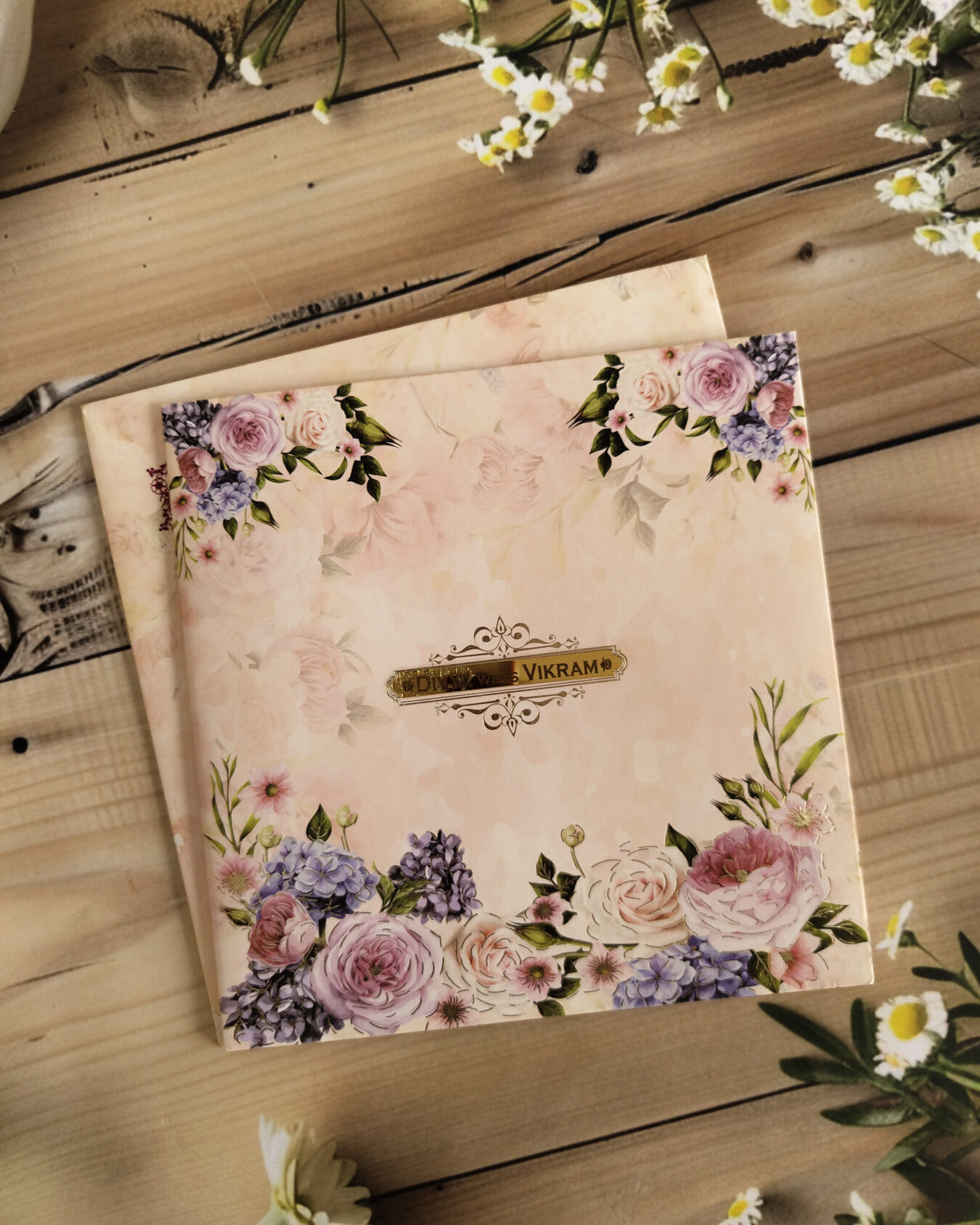 Pastel Blossom Square Floral Gold Foiled Wedding Invitation Card with Acrylic Nameplate & Matching Envelope