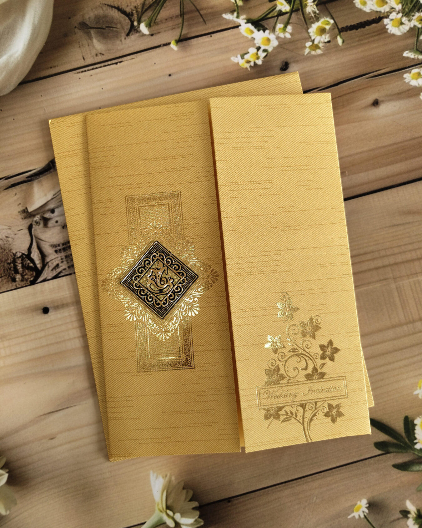 Regal Gold Doorfold Wedding Invitation Card with Acrylic Nameplate, Customisable Emblem & Matching Envelope