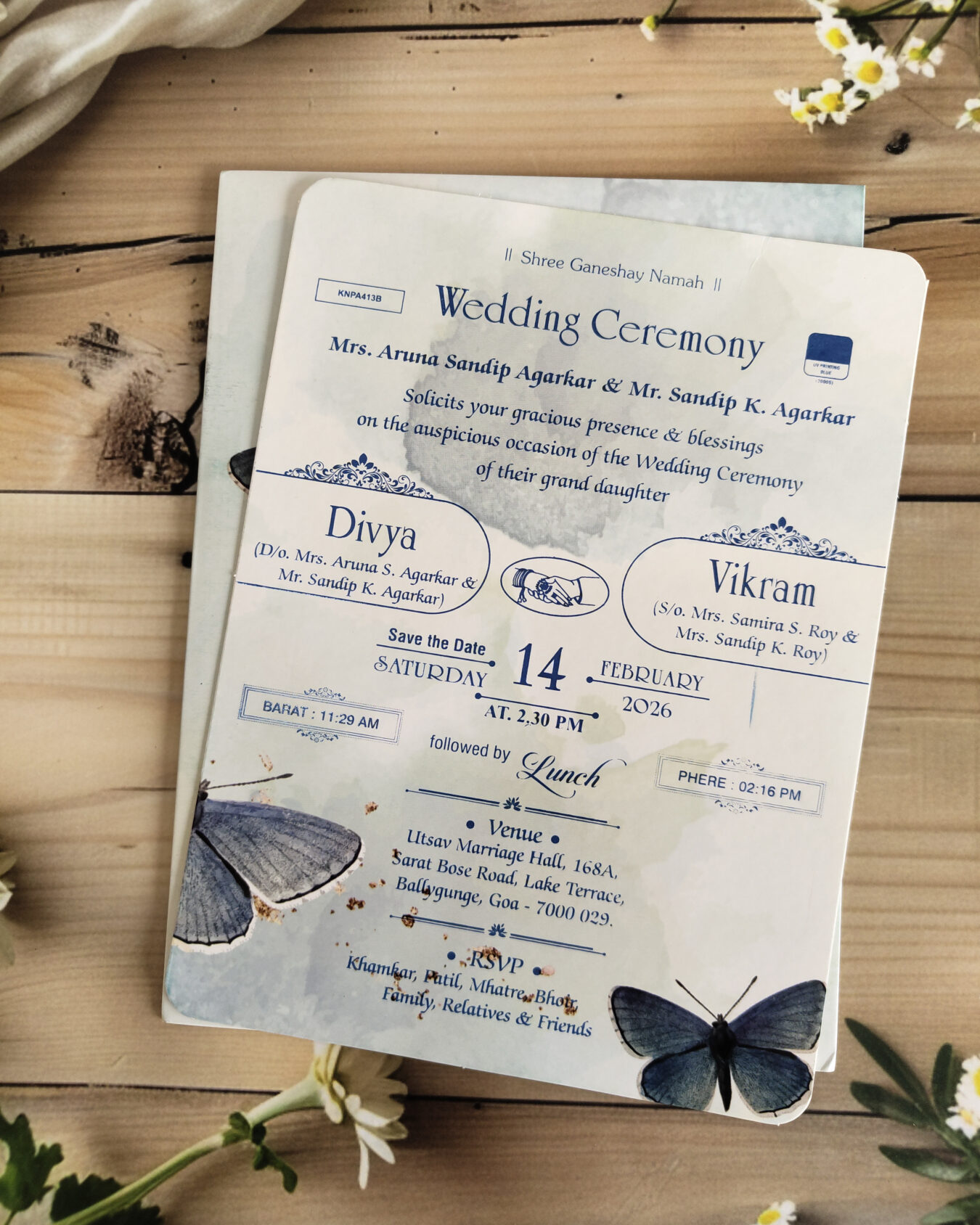 Light Blue Butterfly Theme Wedding Invitation Card with Matching Envelope
