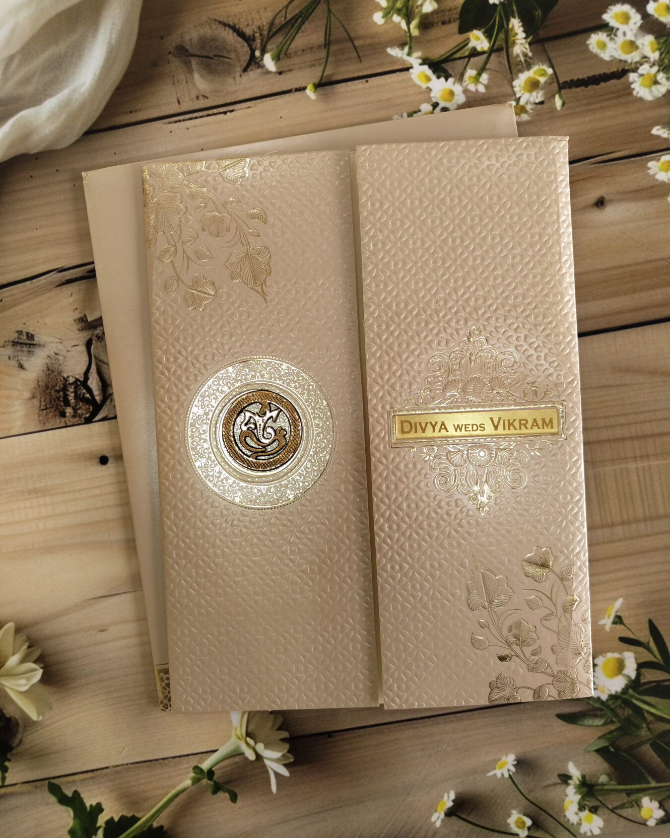 Imperial Ivory Embossed Wedding Invitation Card with Acrylic Nameplate, Customisable Emblem & Matching Envelope