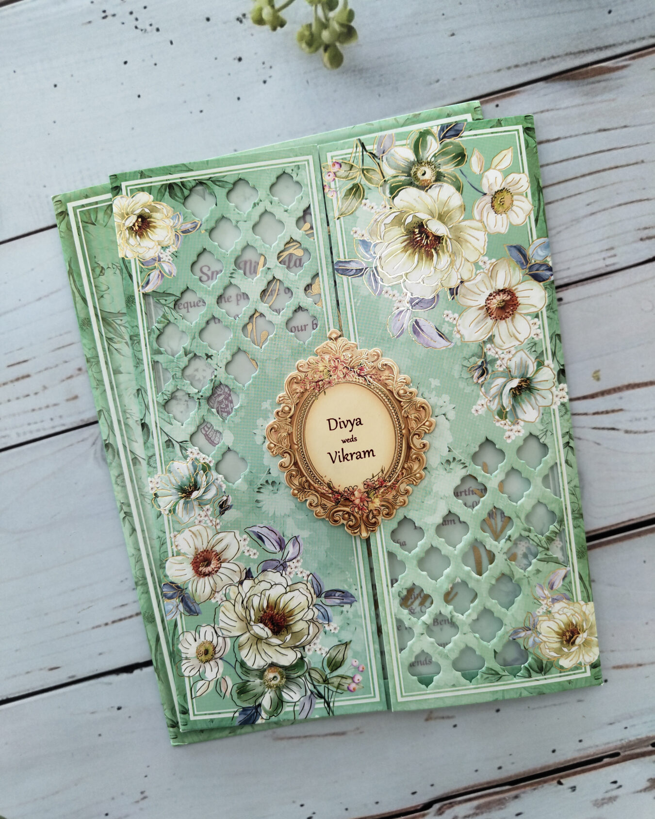 Mint Green Floral Door Style Wedding Invitation Card with Matching Envelope