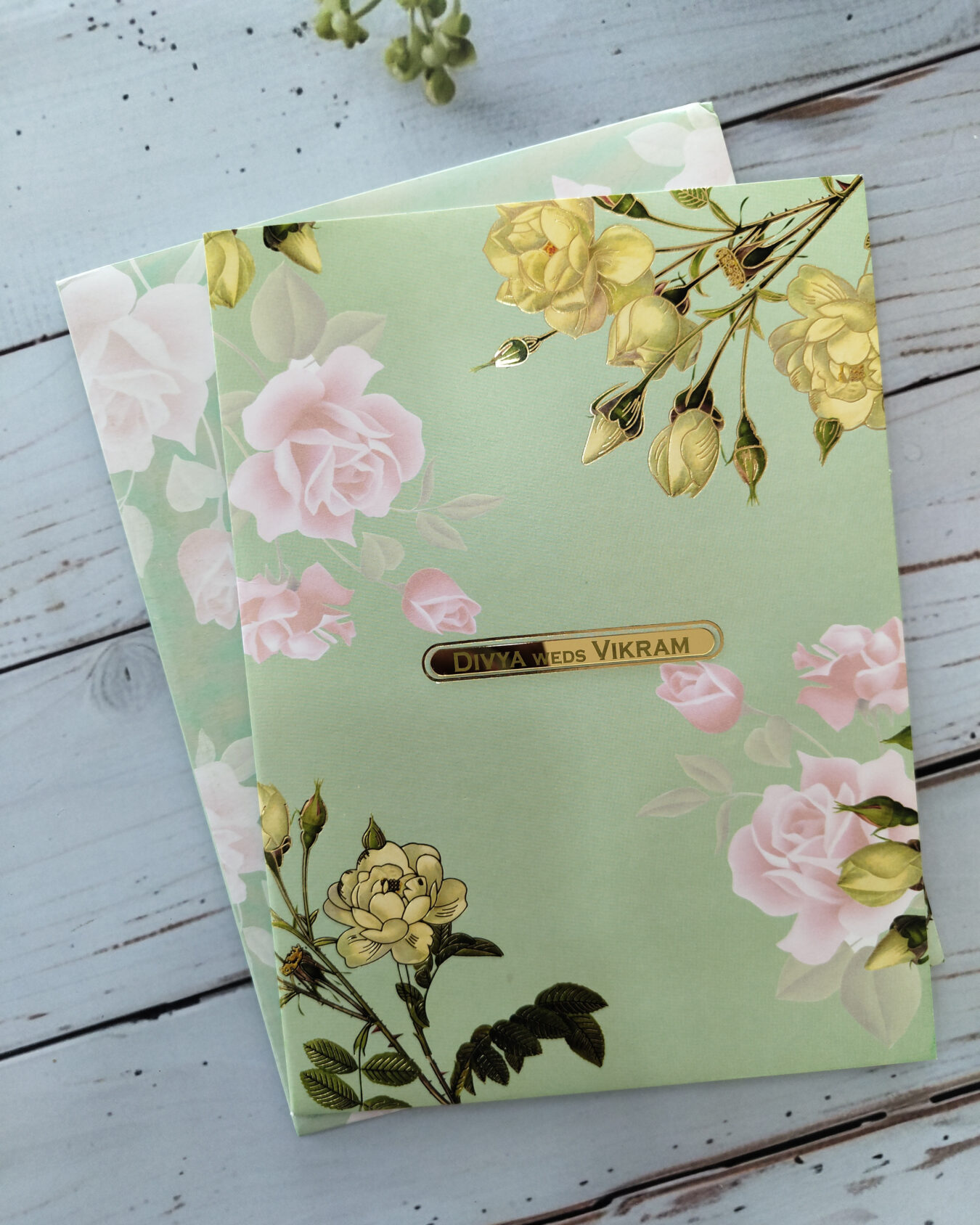 Pastel Green Floral Wedding Invitation Card with Acrylic Nameplate & Matching Envelope