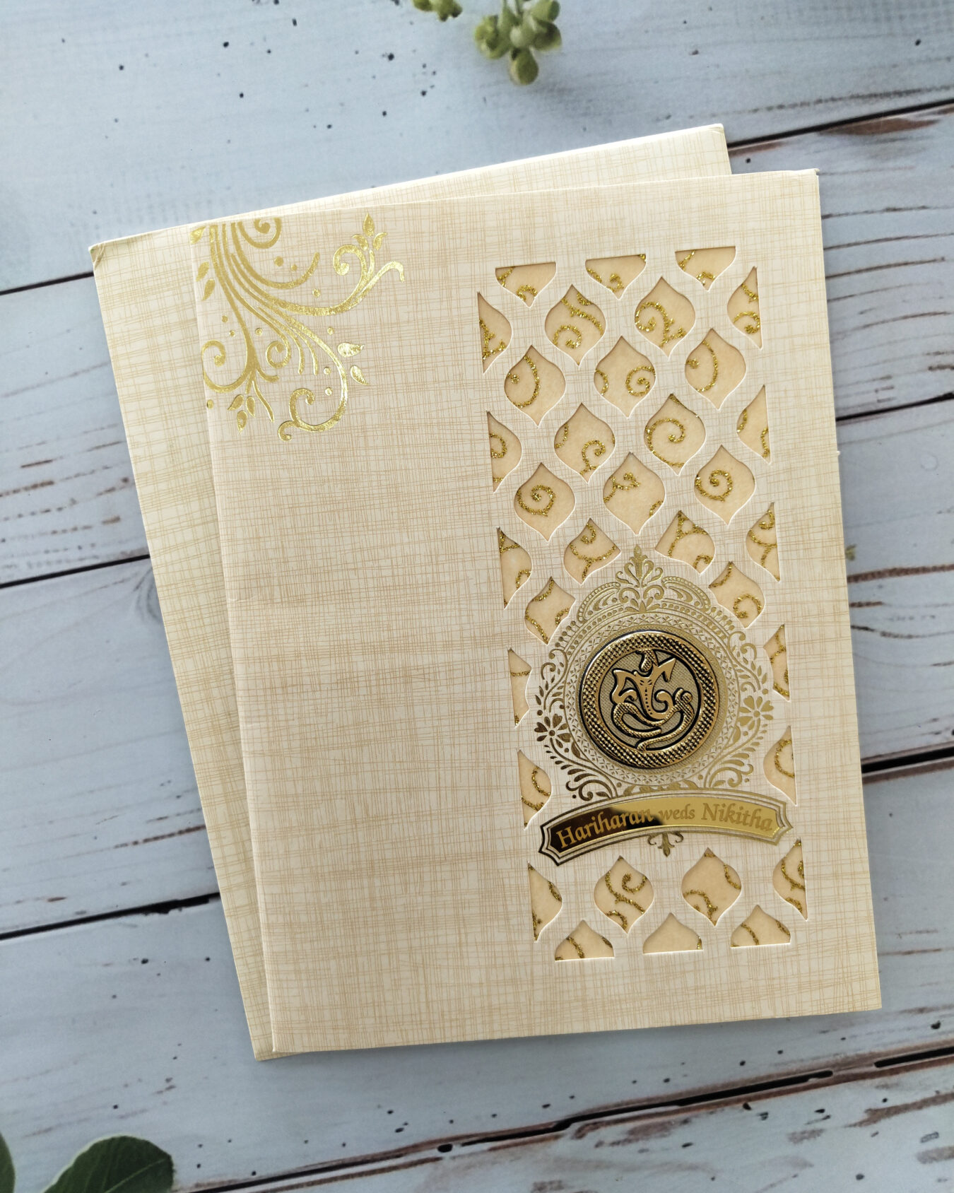 Sandal Die-Cut Gold Foiled Wedding Invitation Card with Acrylic Nameplate, Customisable Emblem & Matching Envelope