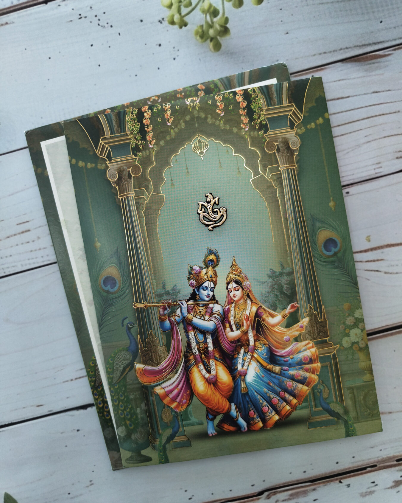 Dark Aqua Green Royal Radha Krishna Wedding Invitation Card with Matching Envelope