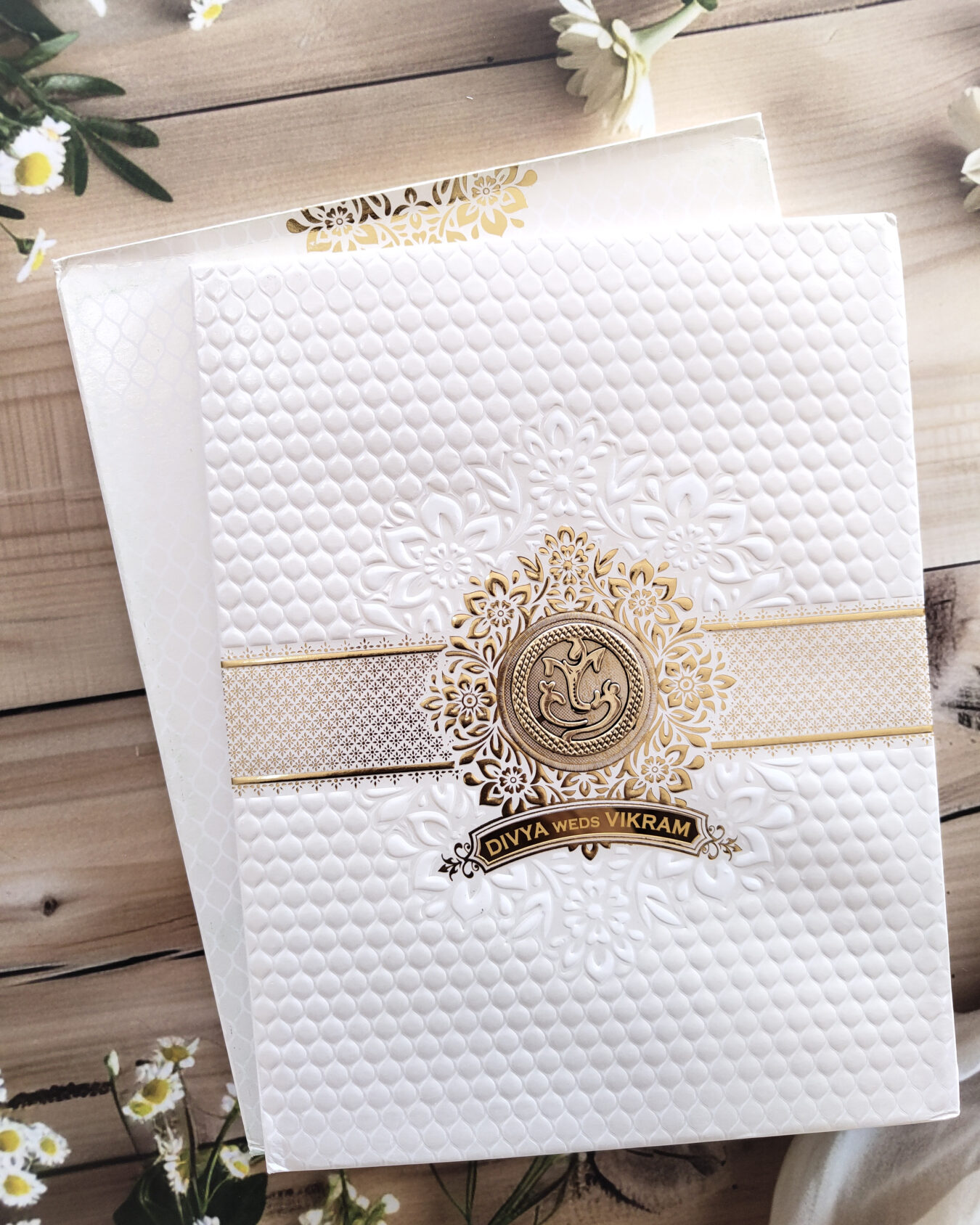 White Luxury Padded Embossed Wedding Invitation Card with Acrylic Nameplate, Customisable Emblem & Matching Envelope