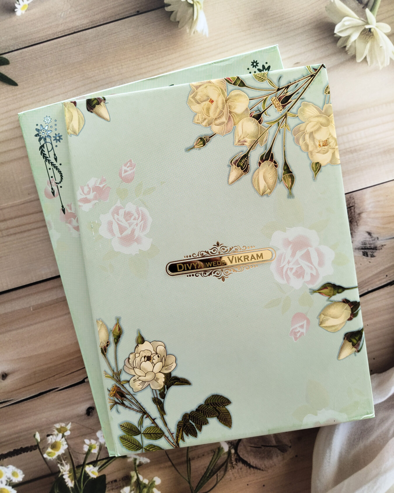 Pastel Green Floral Luxury Padded Wedding Invitation Card with Acrylic Nameplate & Matching Envelope