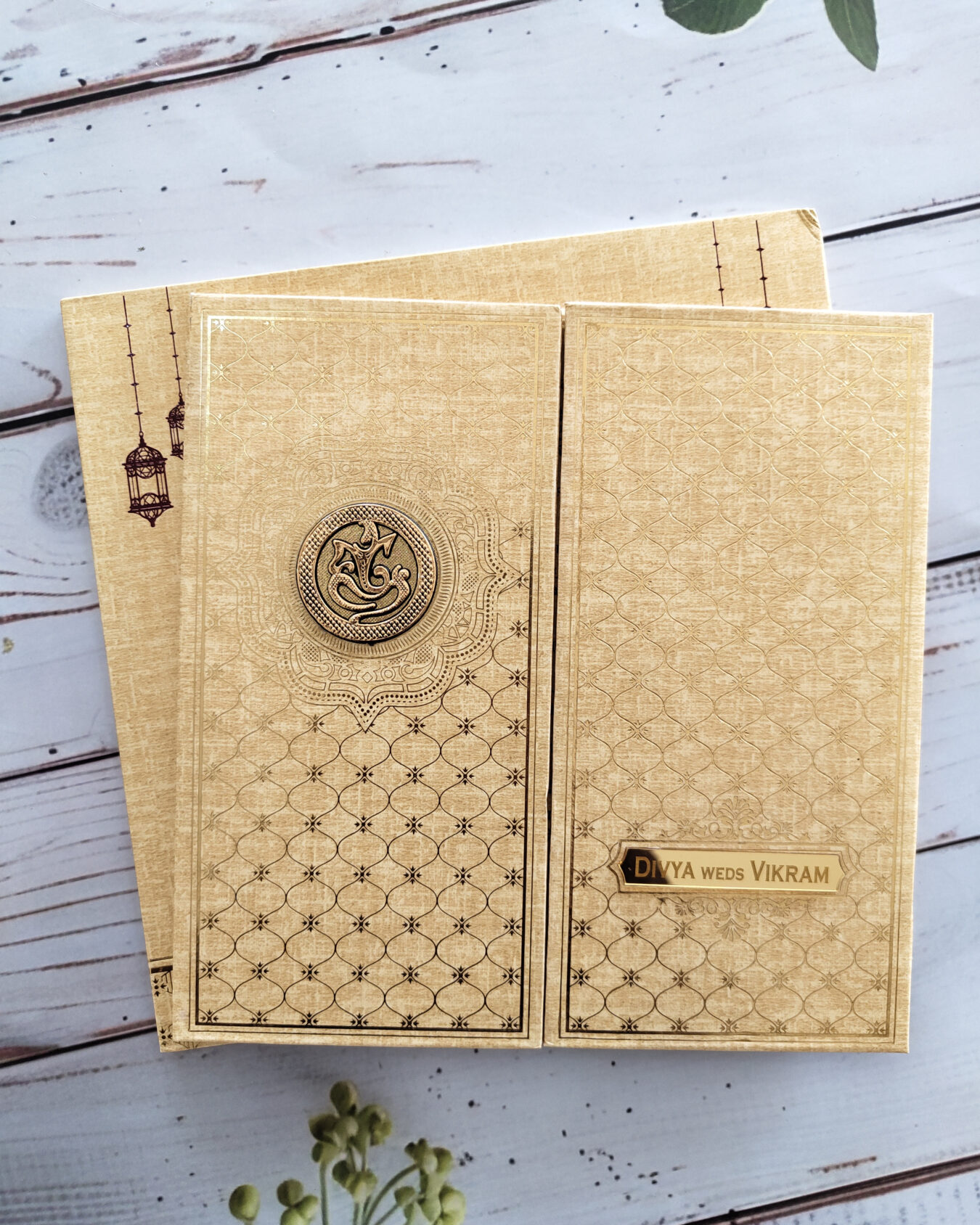 Luxury Golden Yellow Door Style Square Padded Wedding Invitation Card with Acrylic Nameplate, Customisable Emblem & Matching Envelope