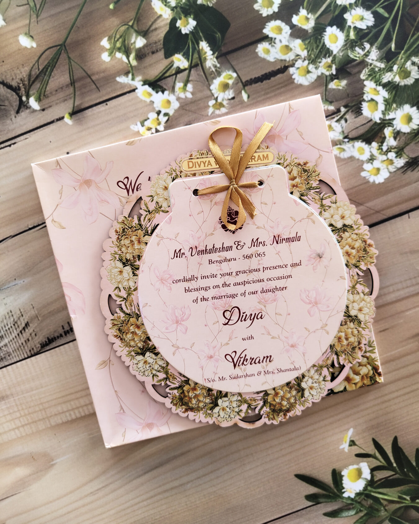 Premium Pink MDF Laser Cut Round Floral Wedding Invitation Card with Acrylic Nameplate & Matching Envelope