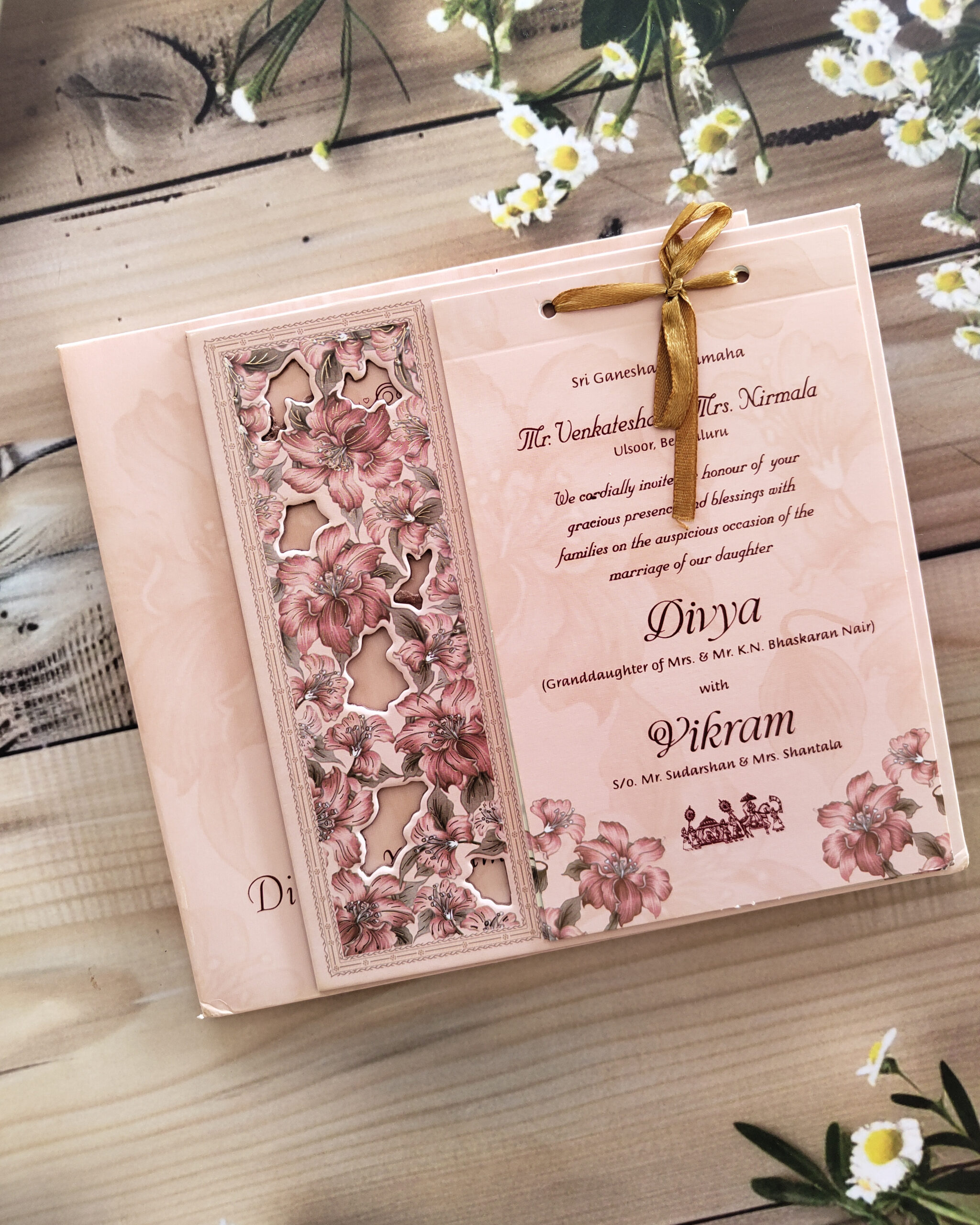 Premium Blush Pink MDF Laser Cut Square Floral Wedding Invitation Card with Matching Envelope