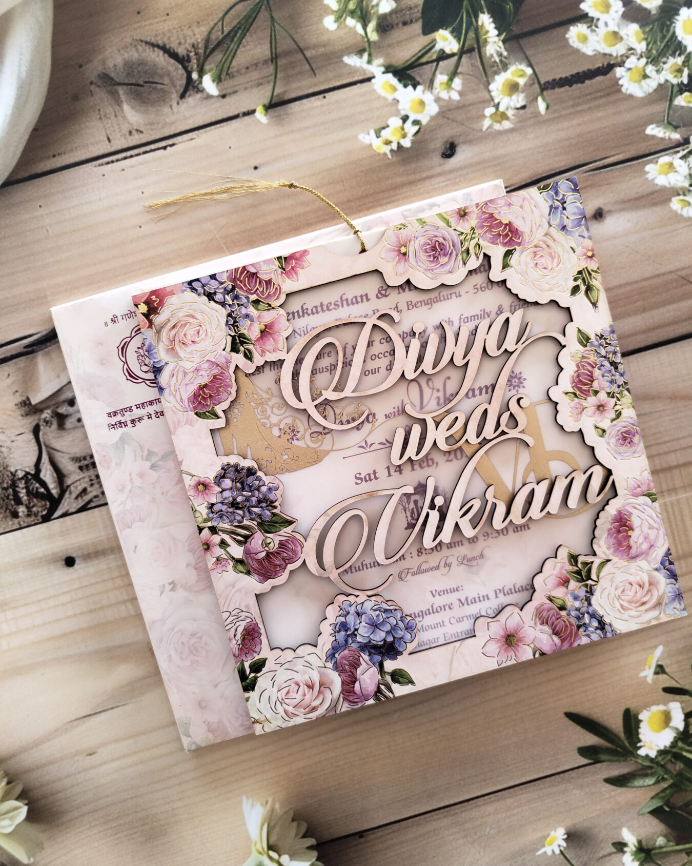 Premium Pink MDF Laser Cut Square Floral Wedding Invitation Card with Matching Envelope
