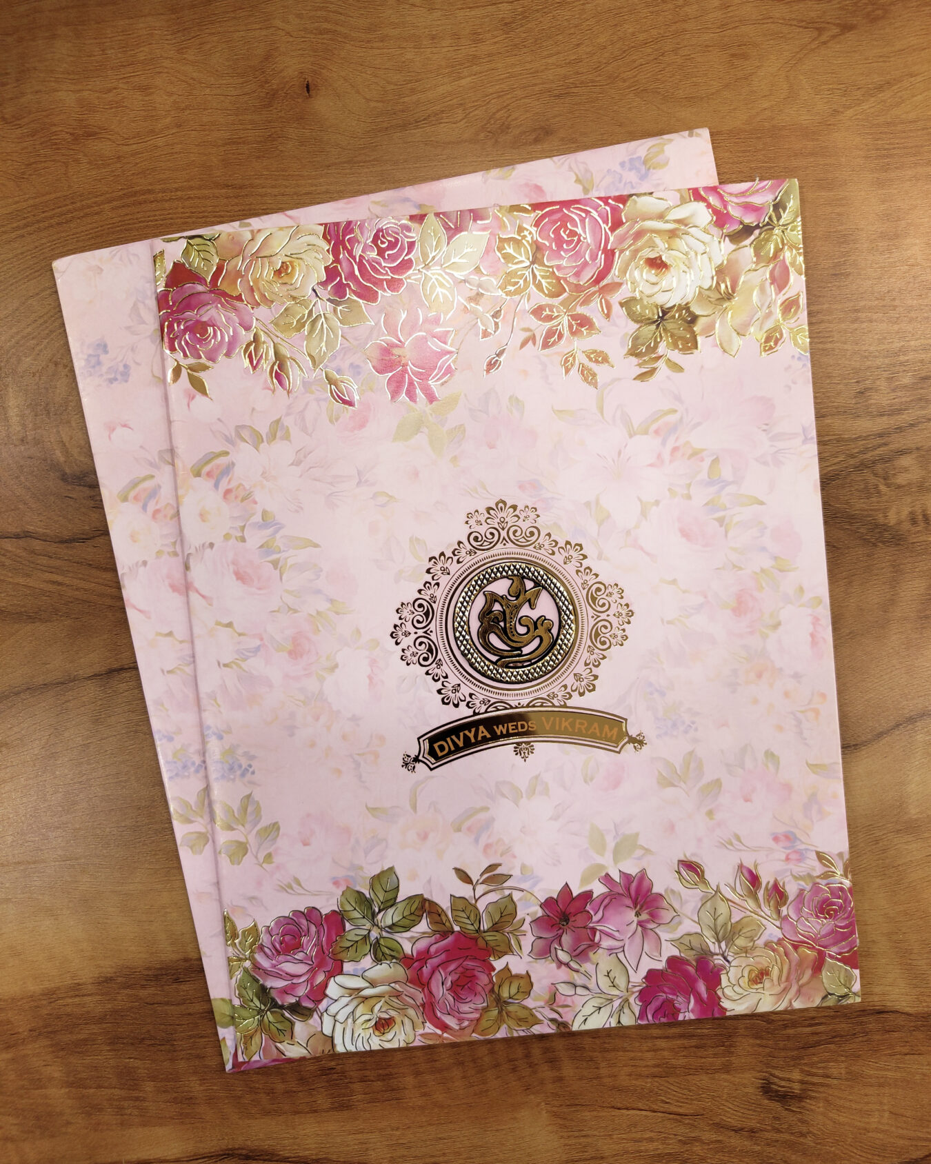 Blush Pink Floral Border Wedding Invitation Card with Acrylic Nameplate, Customisable Emblem & Matching Envelope