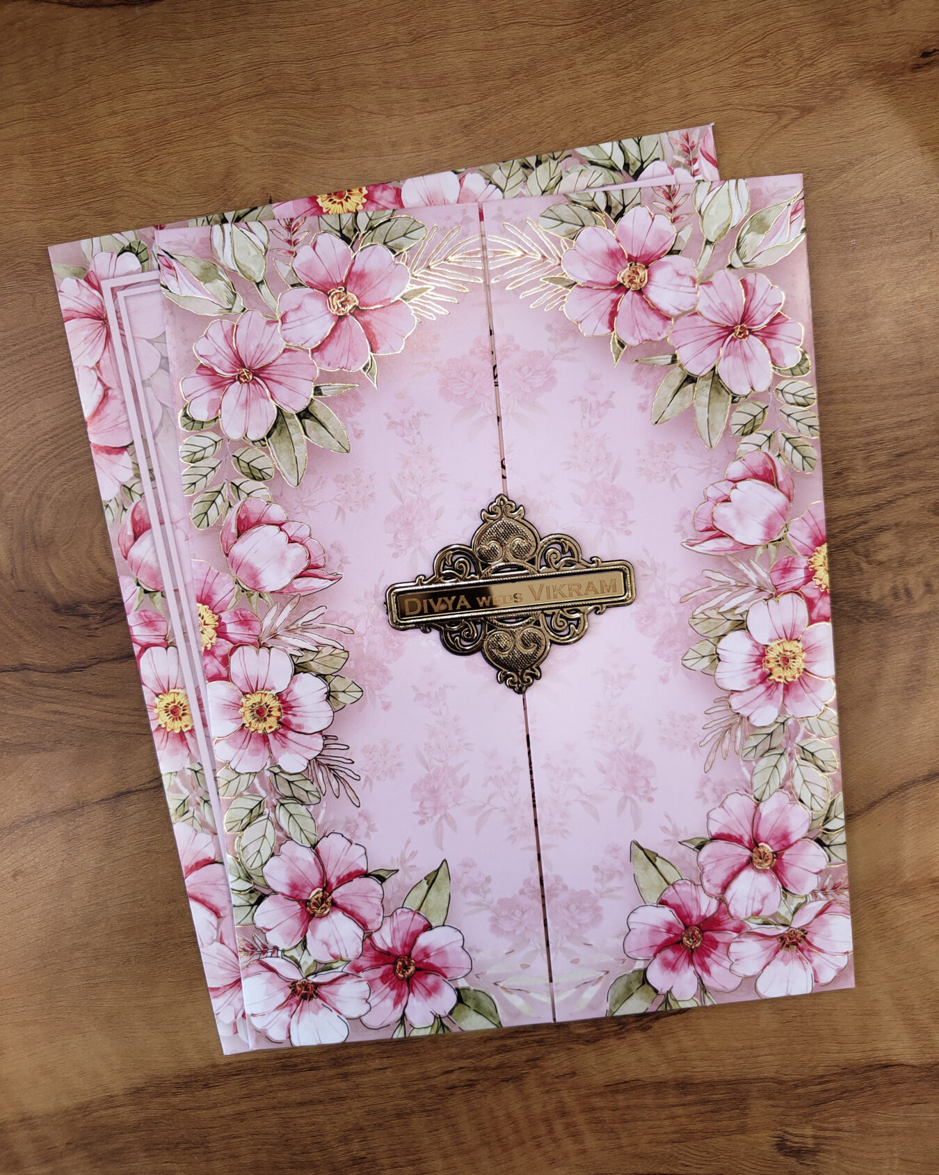 Light Pink Floral Door Wedding Invitation Card with Acrylic Nameplate & Matching Envelope