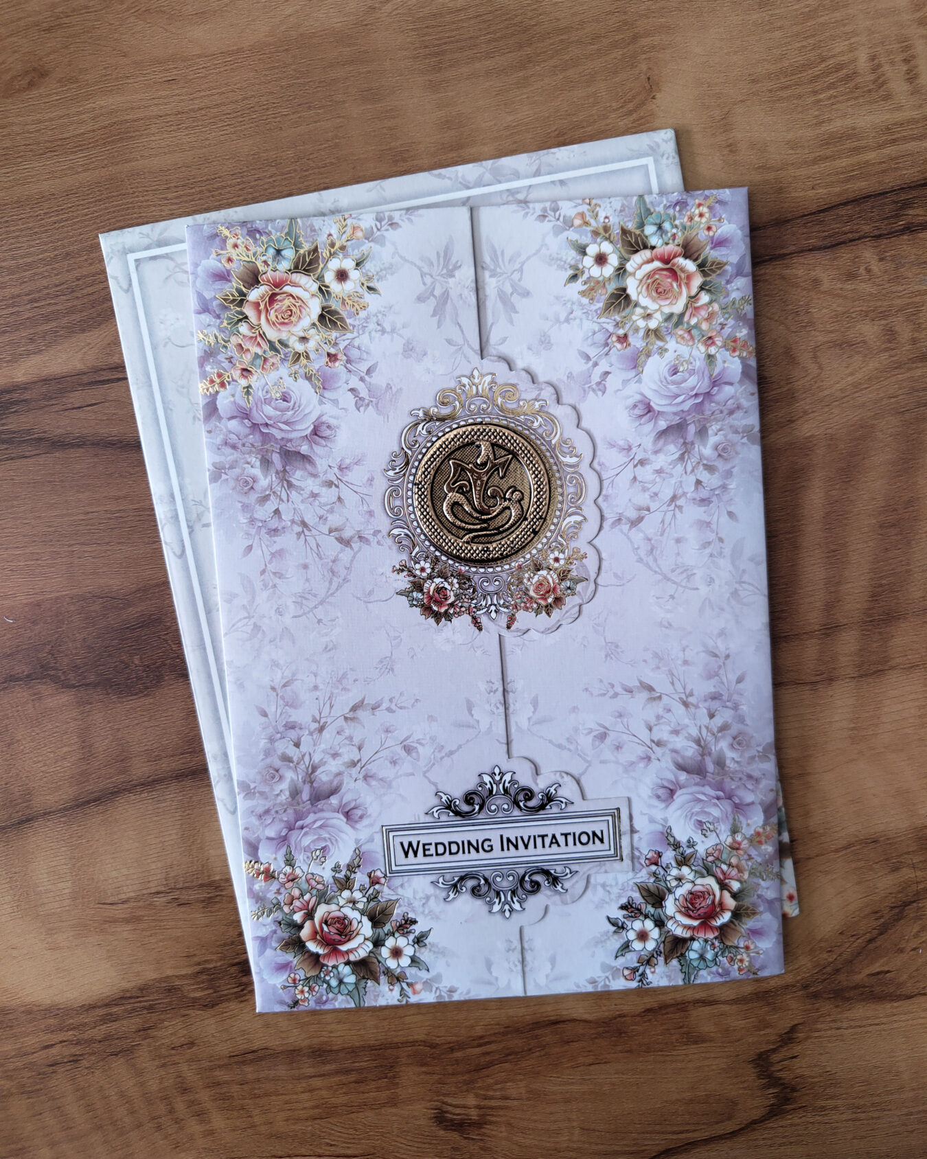 Floral Door Style Wedding Invitation Card with Customisable Emblem & Matching Envelope