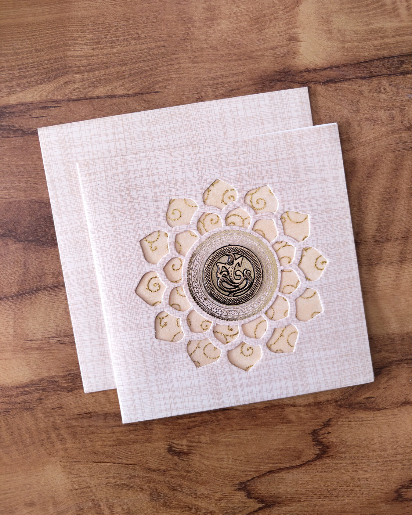 Sandal Metallic Die-Cut Square Wedding Invitation Card with Acrylic Nameplate, Customisable Emblem & Matching Envelope