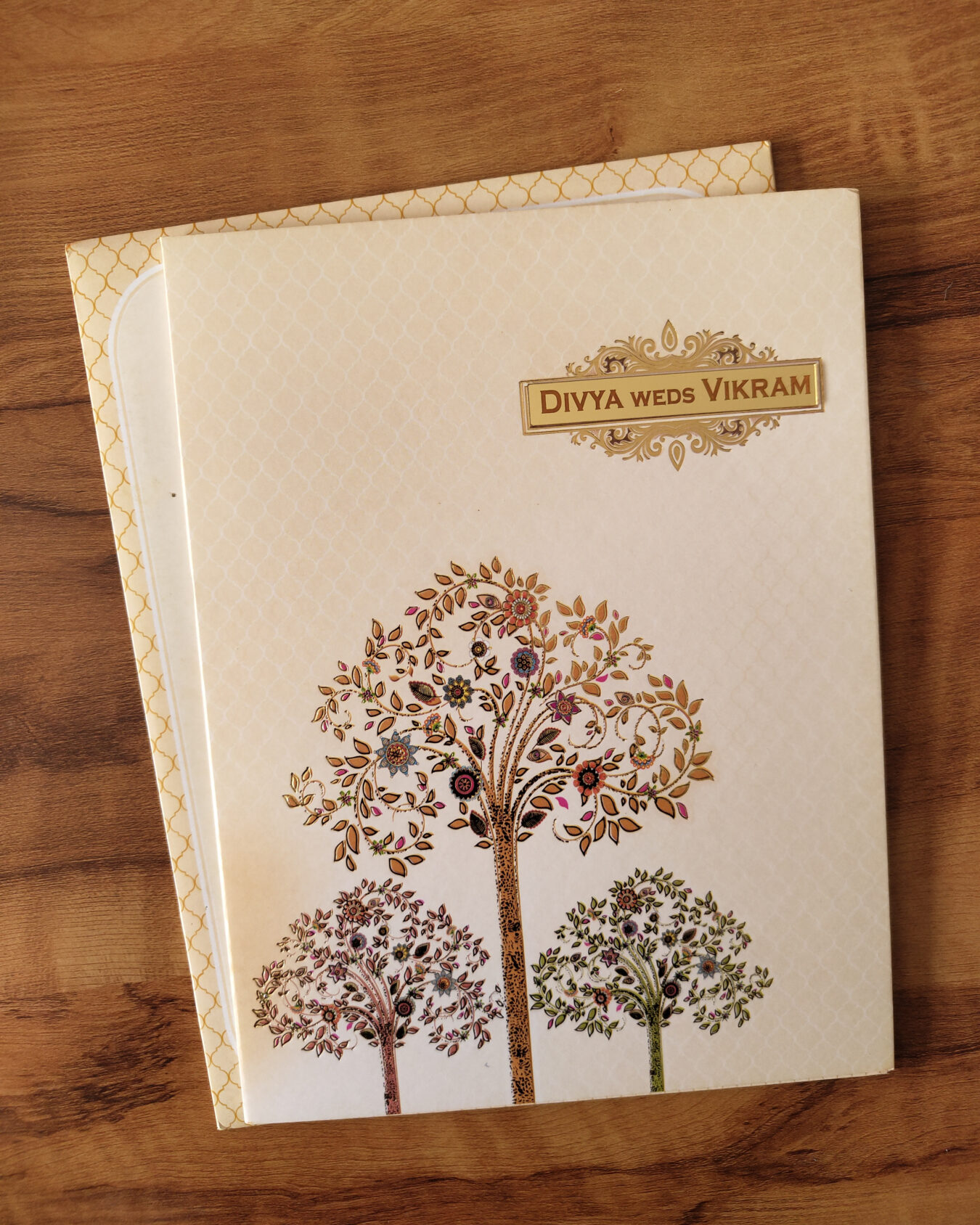 Cream Floral Tree Wedding Invitation Card with Acrylic Nameplate & Matching Envelope
