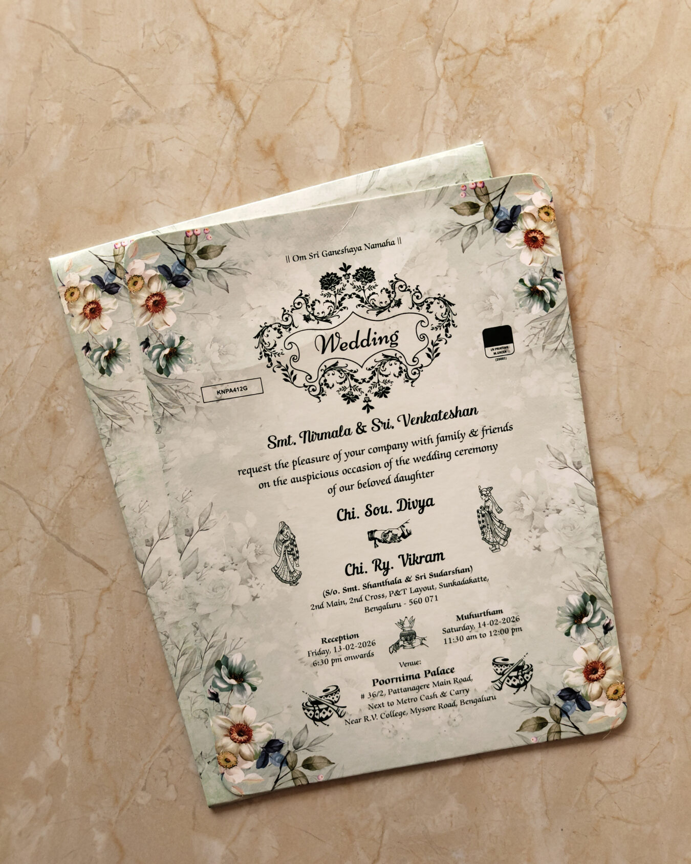 Pastel Green Floral Wedding Invitation Card with Matching Envelope