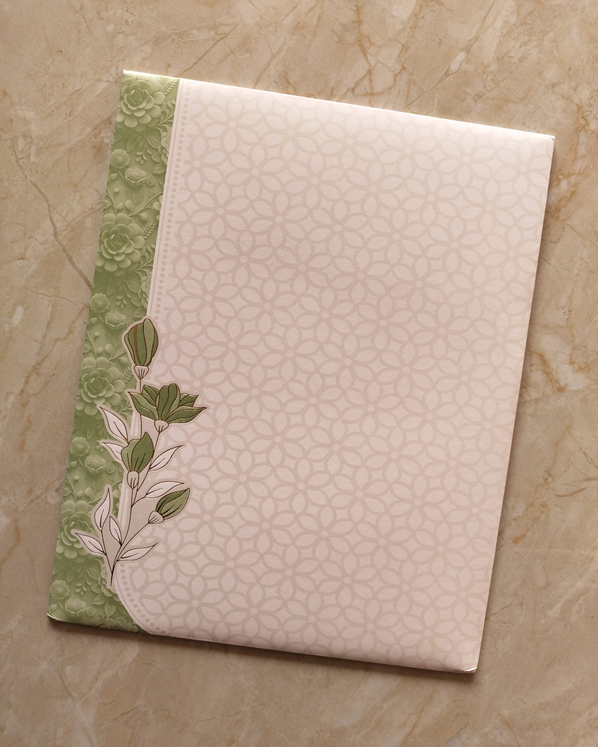 Elegant Olive Green Floral Embossed Wedding Invitation Card with Acrylic Nameplate, Customisable Emblem & Matching Envelope - Image 3