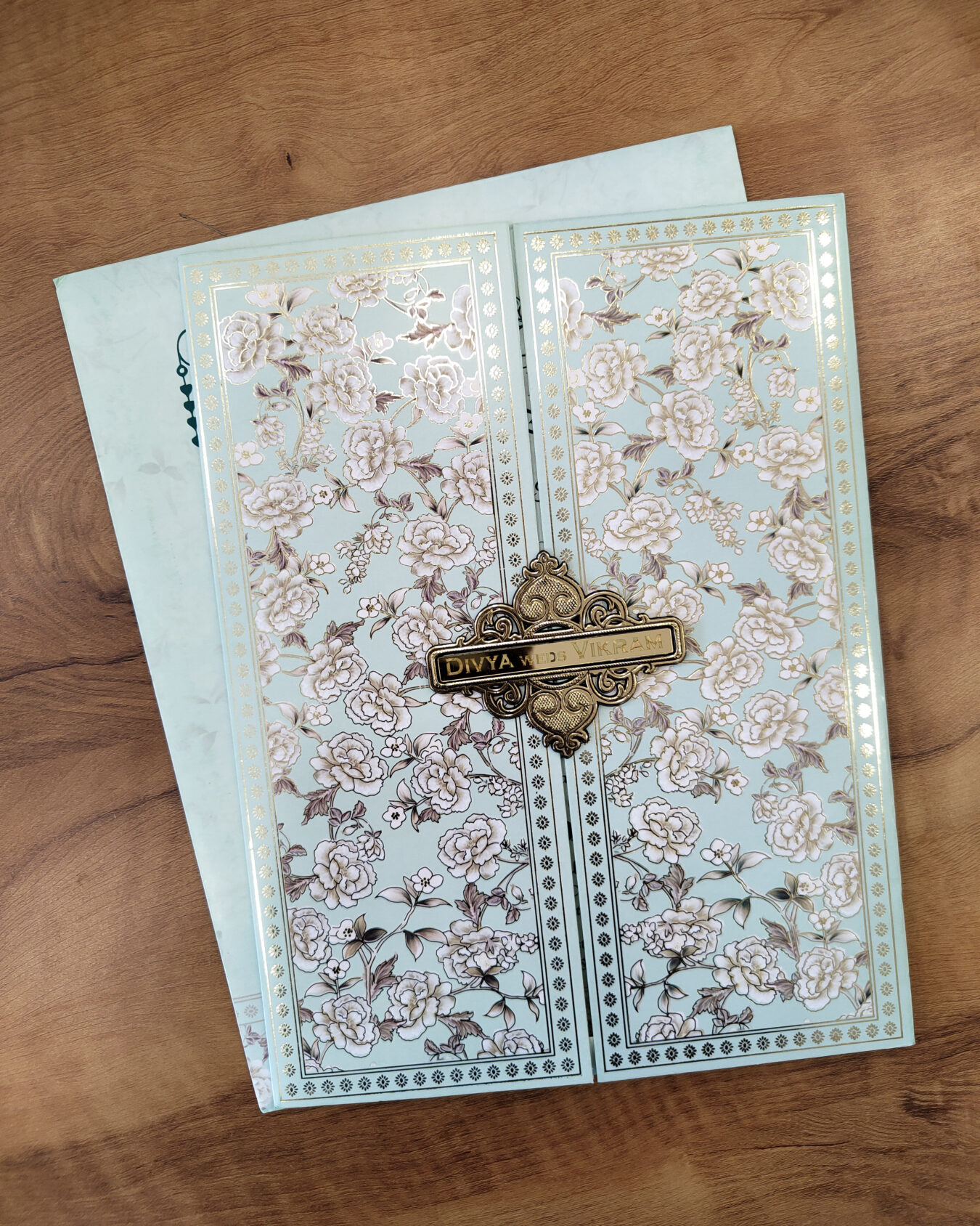 Pastel Green Floral Door-Style Wedding Invitation Card with Acrylic Nameplate and Matching Envelope