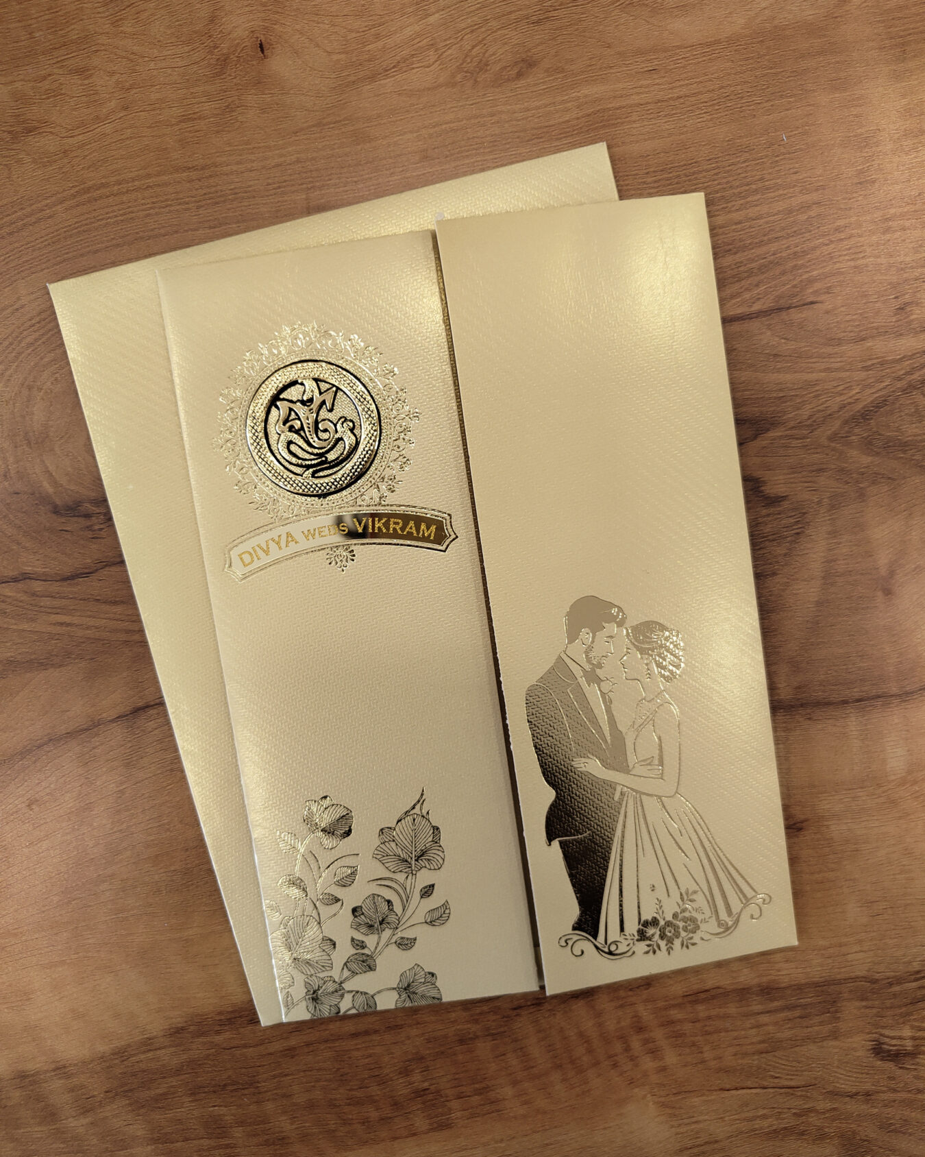 Brown Gold Couple Wedding Invitation Card with Acrylic Nameplate & Customisable Emblem and Matching Envelope