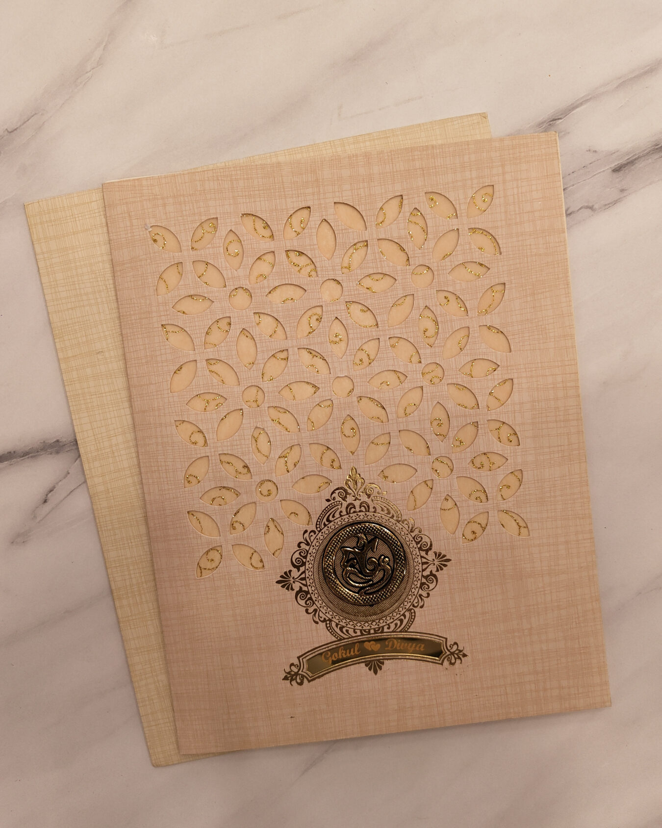 Sandal Laser Cut Metallic Wedding Invitation Card with Acrylic Nameplate & Customisable Emblem | Matching Envelope