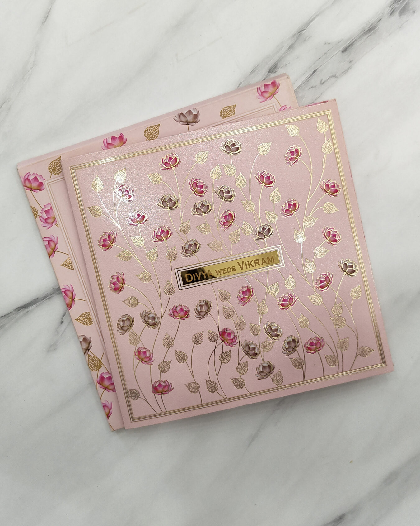 Pink Lotus Square Wedding Invitation Card with Acrylic Nameplate | Matching Envelope