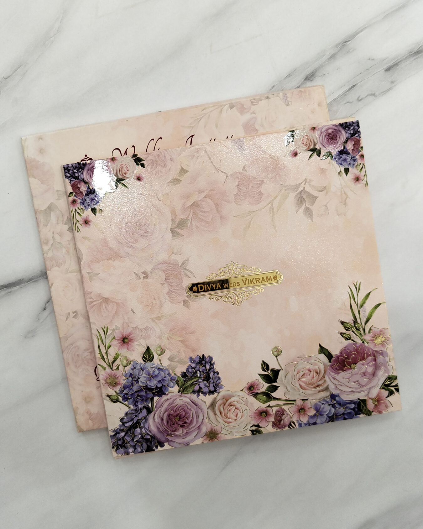 Blush Pink Square Floral Wedding Invitation Card with Acrylic Nameplate | Matching Envelope