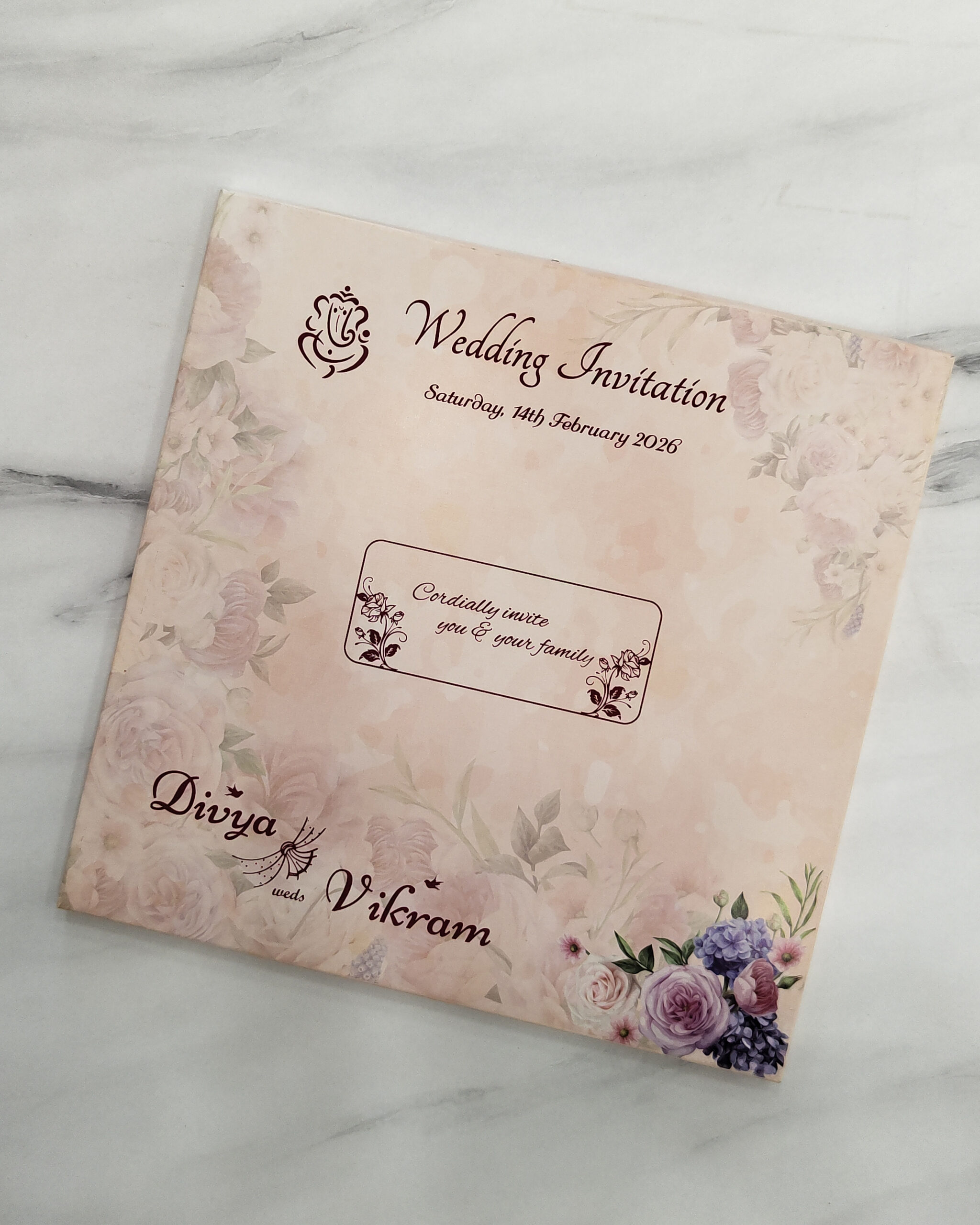 Blush Pink Square Floral Wedding Invitation Card with Acrylic Nameplate | Matching Envelope - Image 4