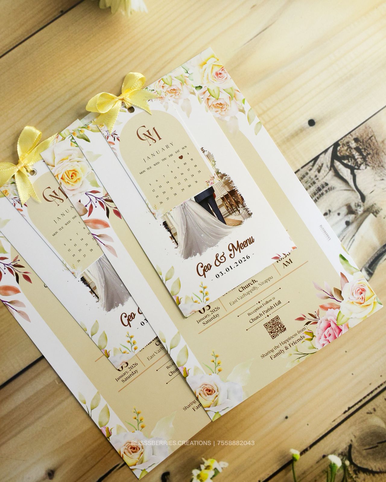 3 Layer Sandal Wedding Card with Ribbon - With Custom Couple image